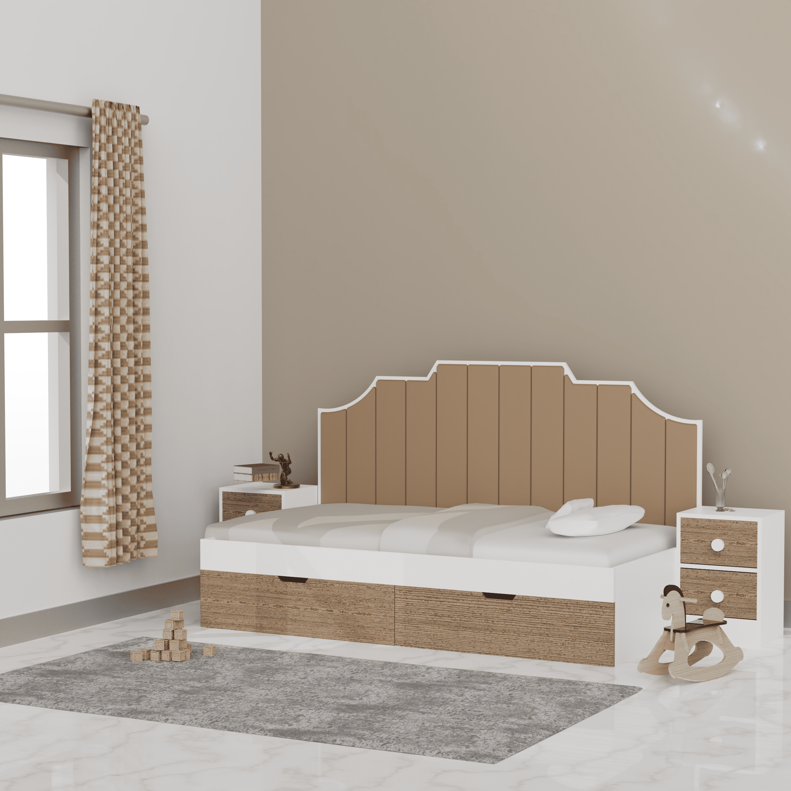 Pillowcastle Sofa Cum Bed Upholstered Bed With Brown Upholstered Panels At The Back In White and Brown Colour