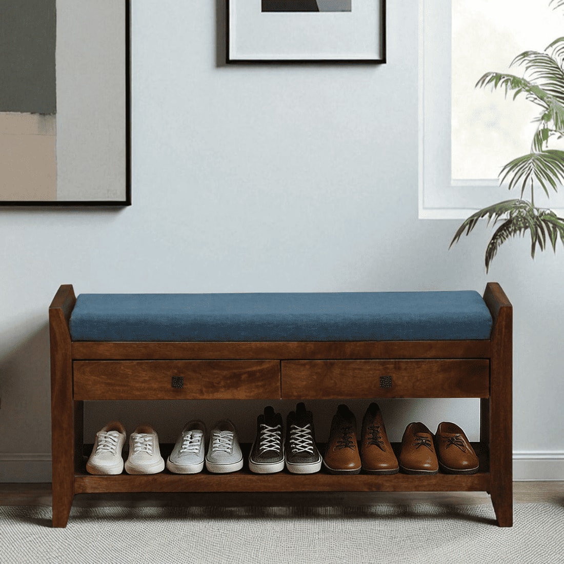 Drobak Solid Wood Shoe Rack with Seating in Walnut Brown finish