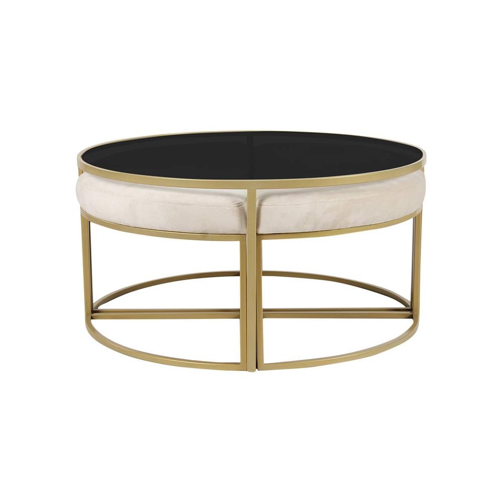 Benton Nesting Black Glass Coffee Table Set With 4 Stools In Gold Finish