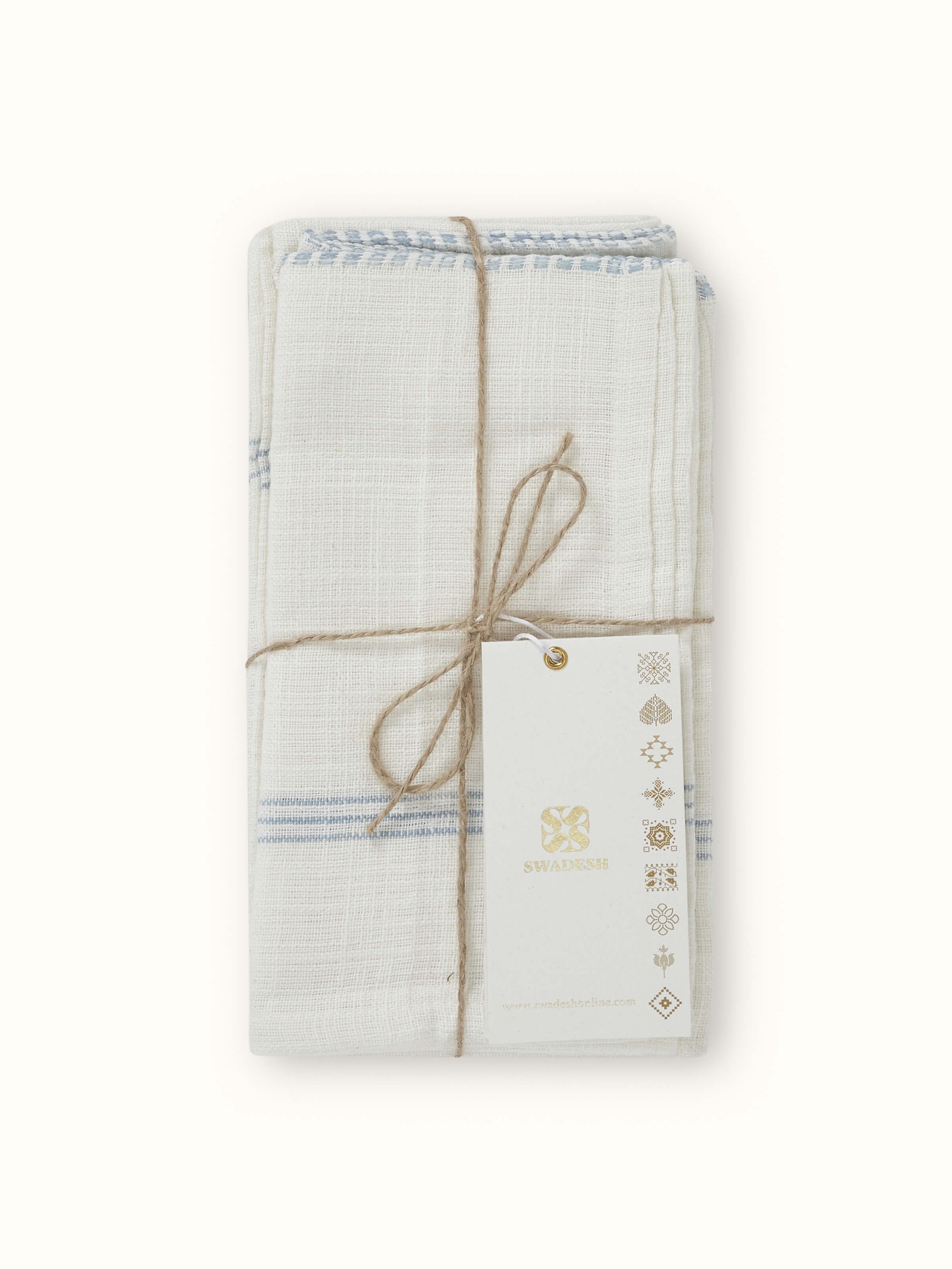 Detailed view of Arth light blue stripe cotton handloom dinner napkins focusing on soft texture and weaving precision.