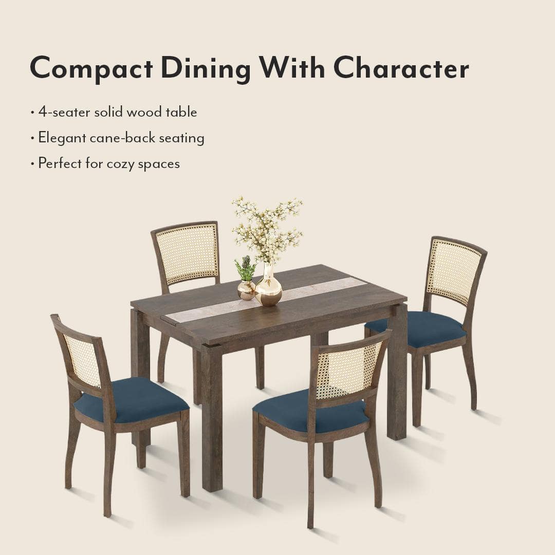 Atlas Crest Solid Wood 4 Seater Dining Table With Reed Dining Chairs Set