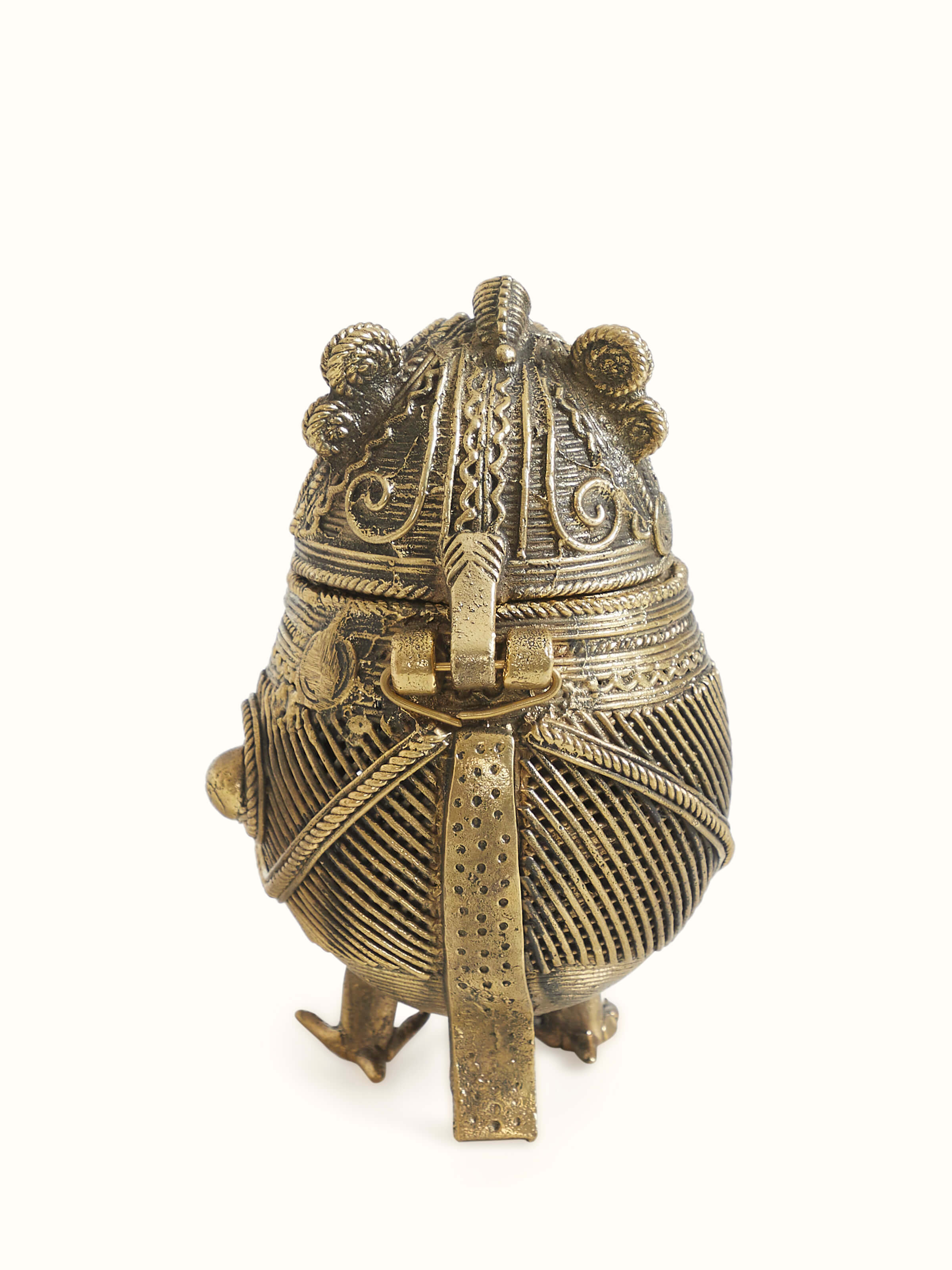 Back view of Dhokra brass owl-shaped decorative box with engraved details