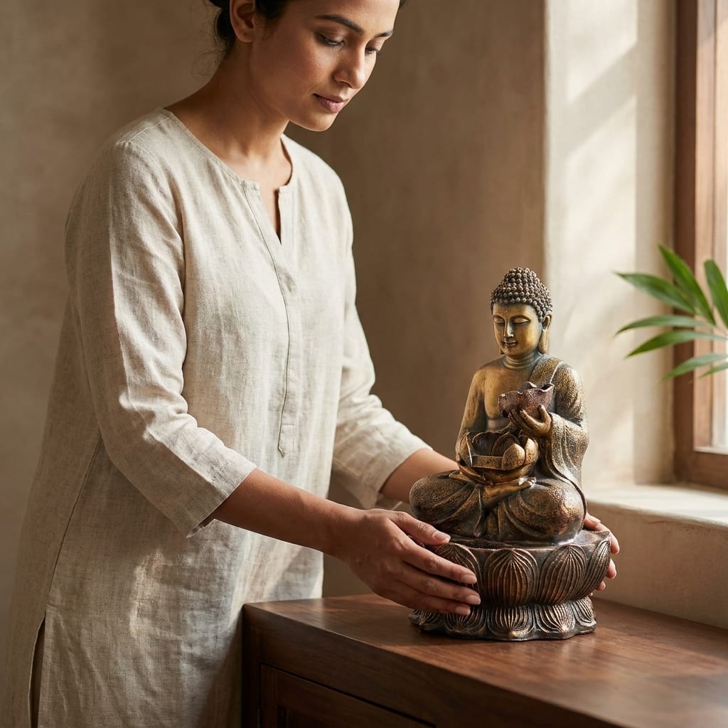 Water Fountain Lotus Serenity Buddha Water Fountain in Multicolor Colour - Vedas