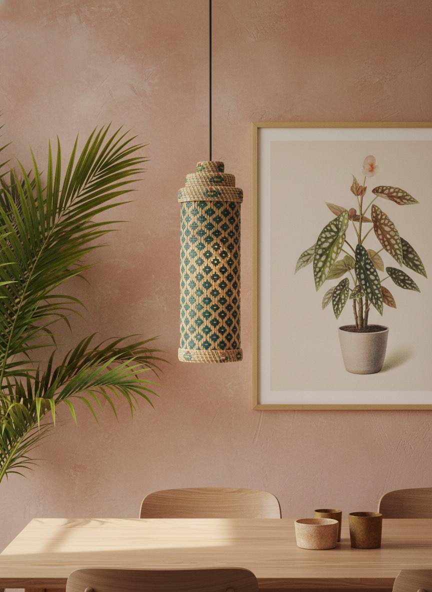 Kanshi basketry natural fibre pendant light in teal color with handcrafted weave