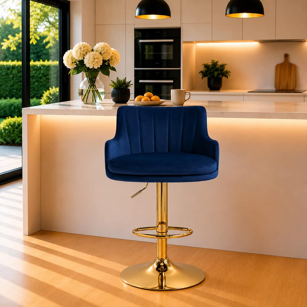 Doe Buck Oliver Adjustable Velvet Bar Stool in Blue Colour with Gold Base - Doe Buck