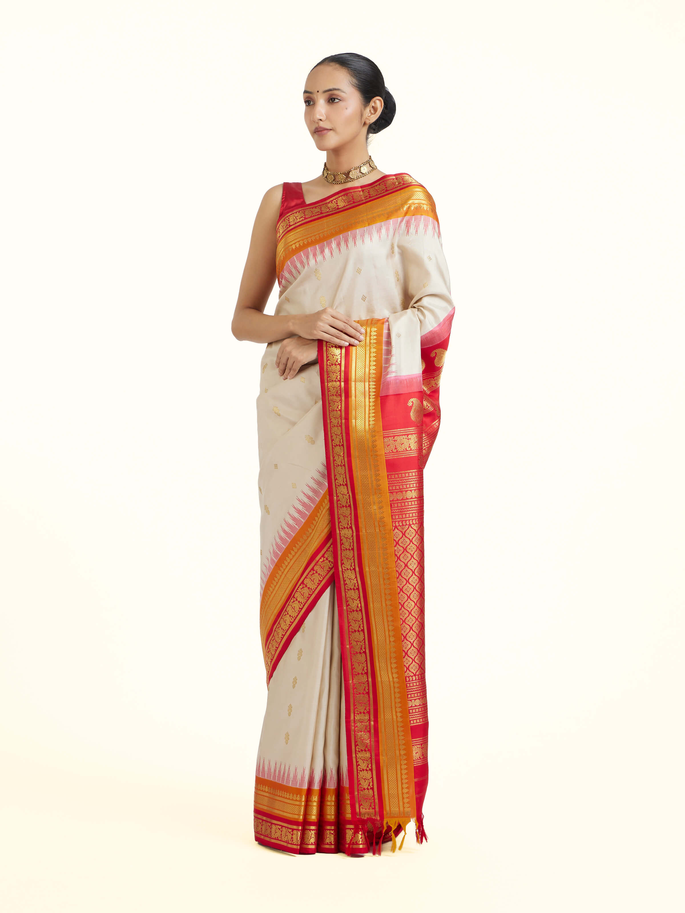 Cream Gadwal Silk Zari Saree