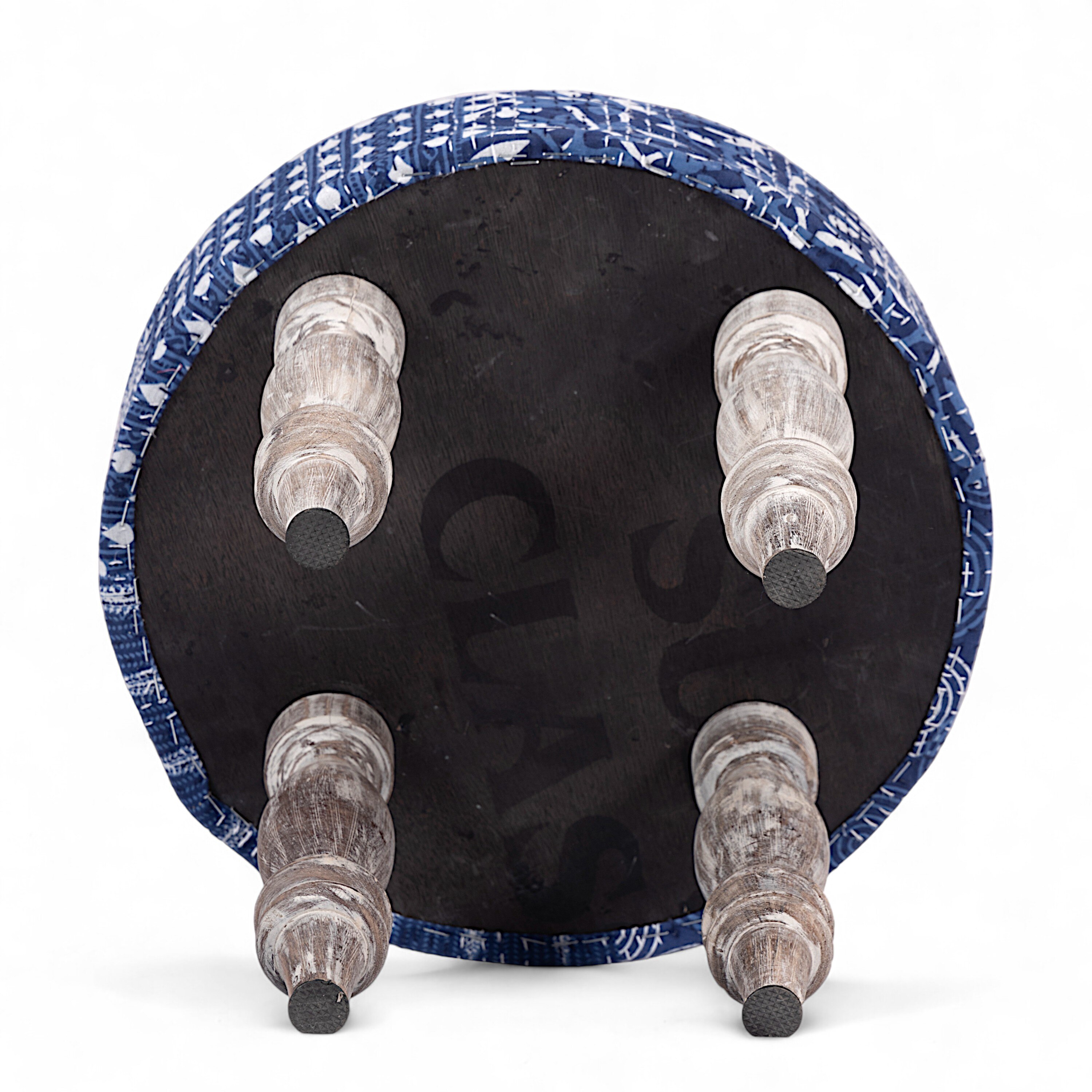 Roswell Sheesham Wood Mid Century Round Set of 2 Stools in Indigo Patchwork Kantha Upholstery