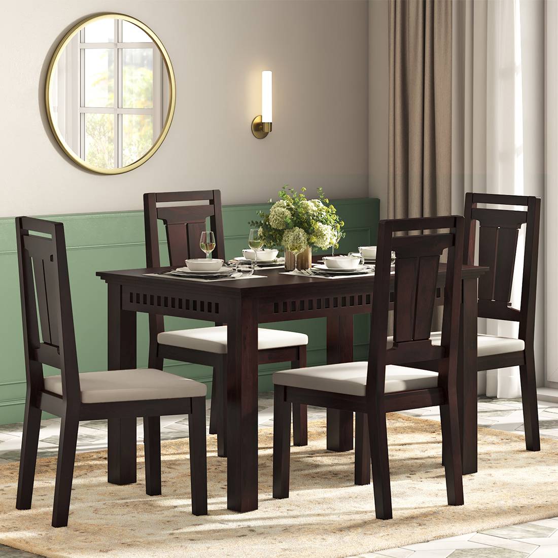 Fidora 4 Seater Dining Table With Set Of 4 Martha Dining Chairs (Colour- Wheat Brown, Finish- Mahogany)