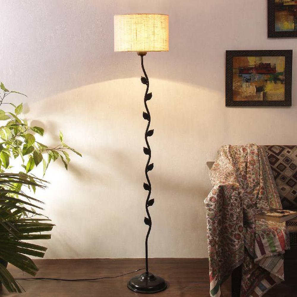 Ace White Natural Fiber Floor Lamp with Black Iron Base