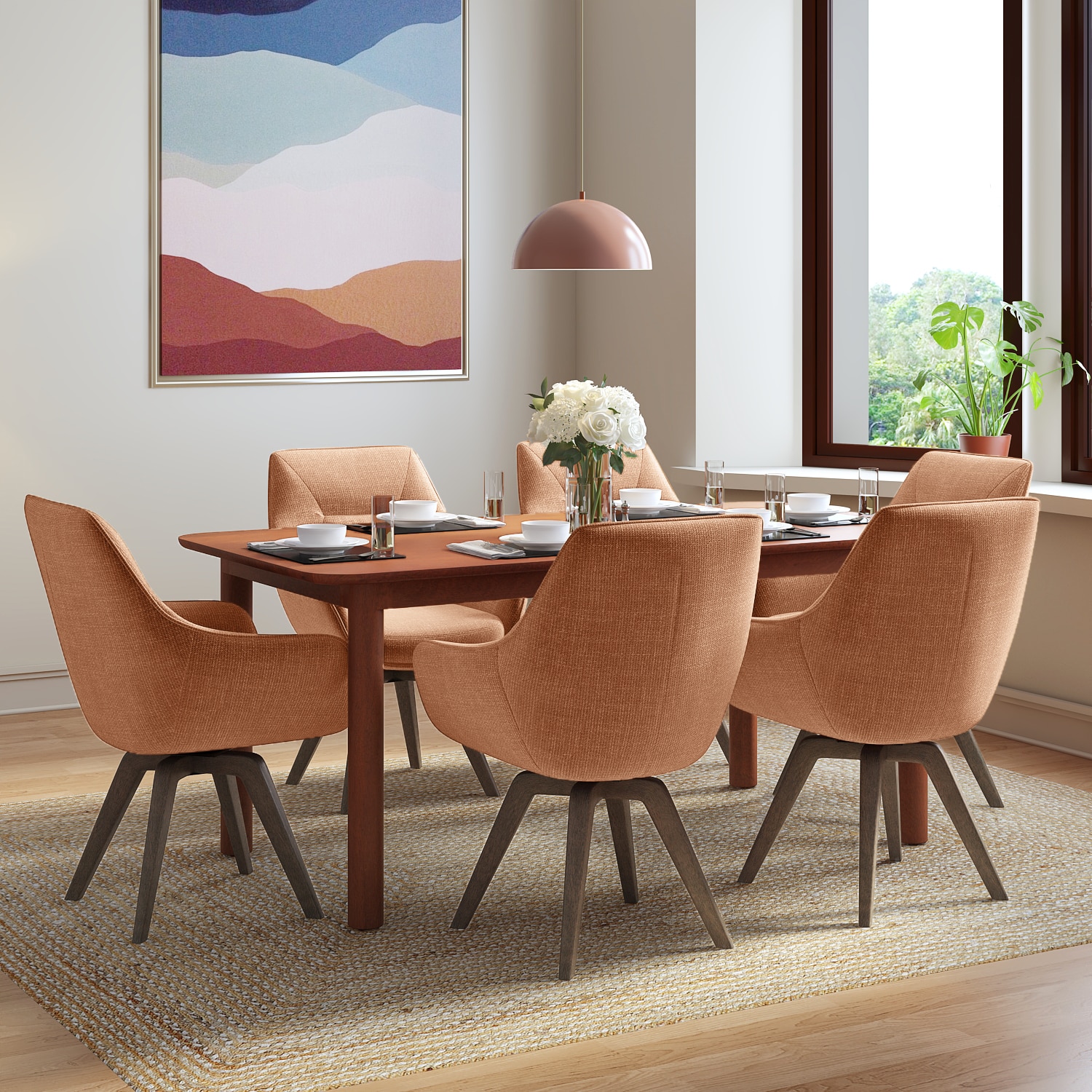 Dane Solid Wood Dining Table 6 Seater with 6 Wella Swivel Solid Wood Dining Chairs (Finish: Honey, Colour: Terracotta) - Urban Ladder