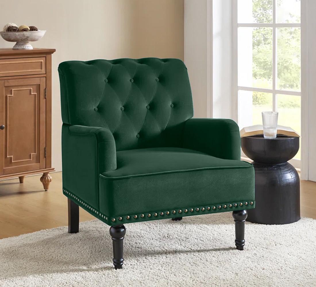 Velora Tufted Back Fabric Lounge Chair in Green - KURSIWALLAH