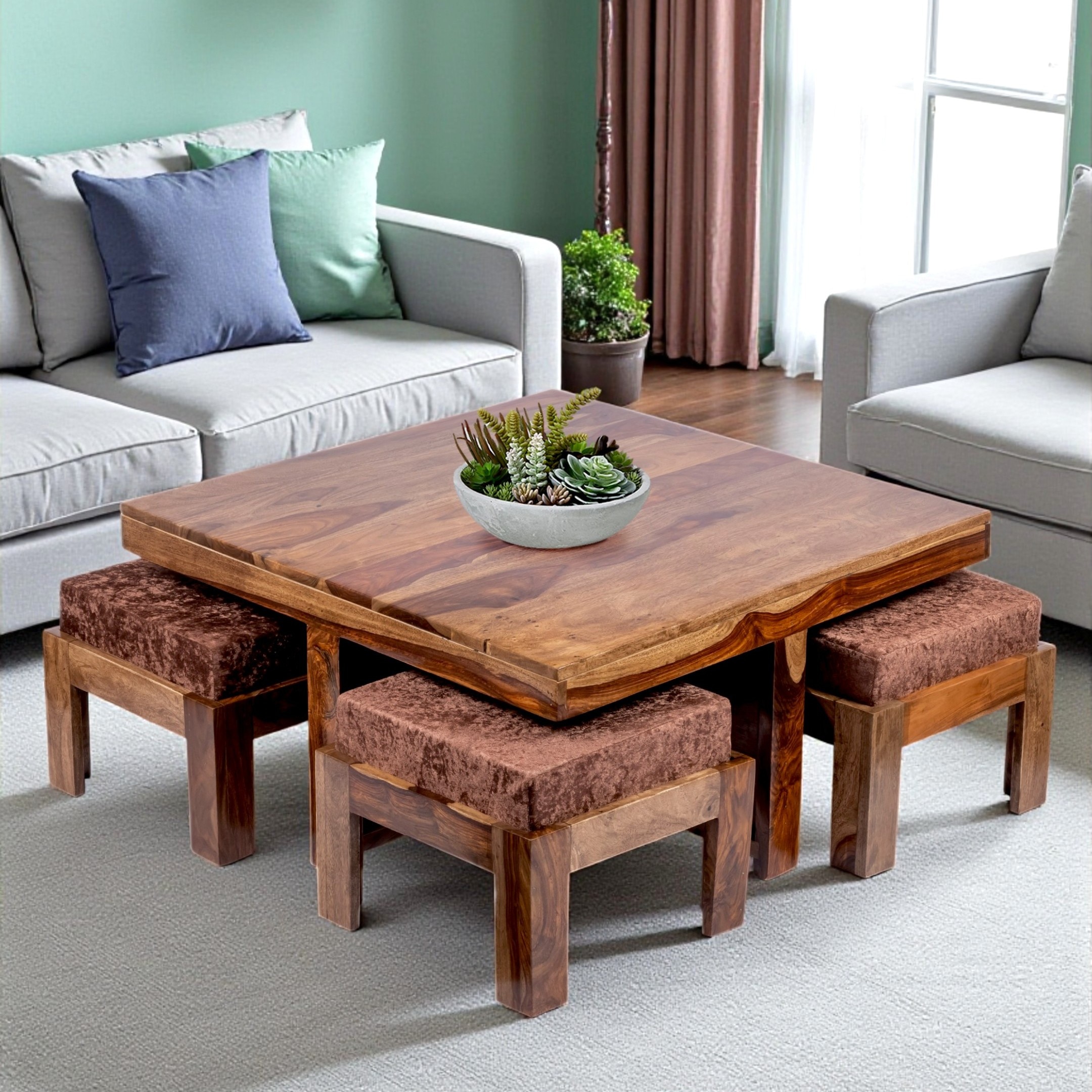 Blane Sheesham Wood 4 Seater Coffee Table Set In Teak Finish Brown Sparkle Velvet Cushion