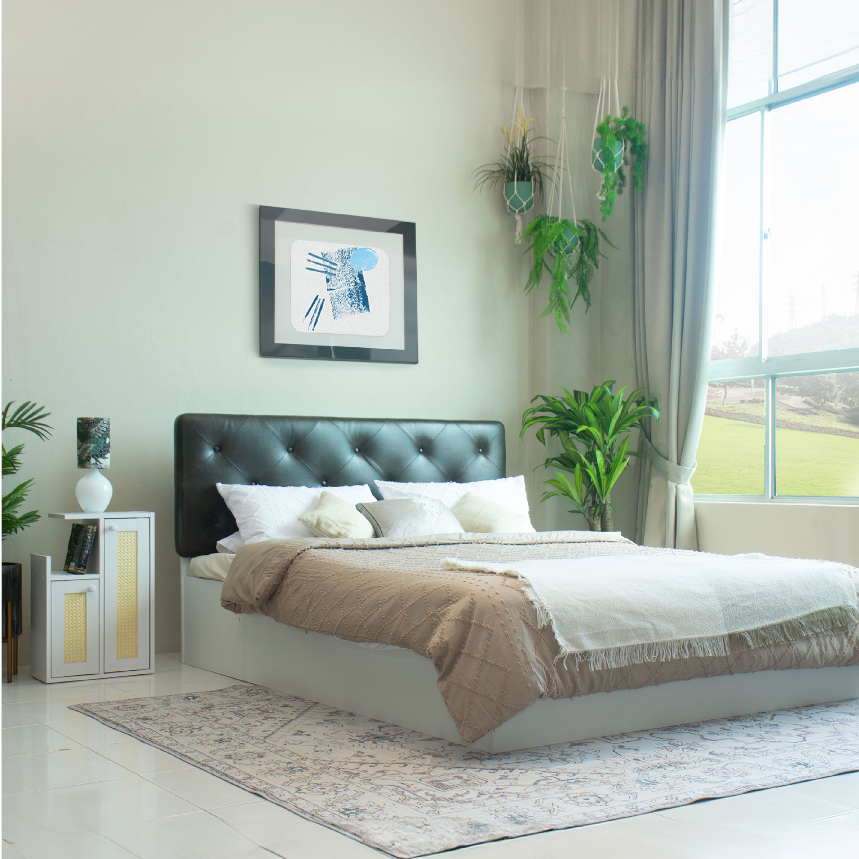 Charcoal Bed With Premium Leatherette Fabric And Hydraulic Storage - Queen Bed