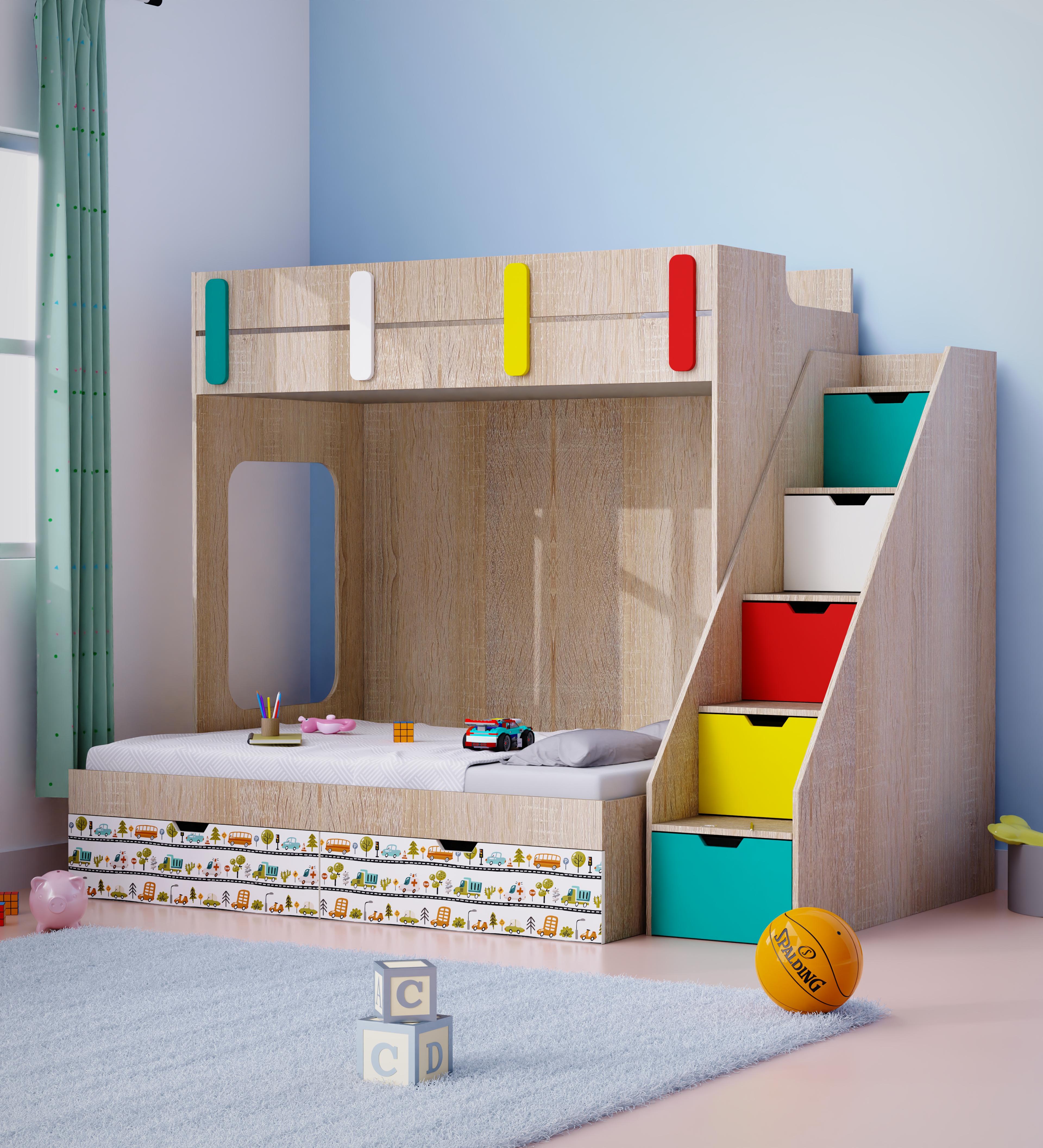 Pattern Dreams Bunk Bed  6X5 (Drawers On Wheels) In Oak & red Colour