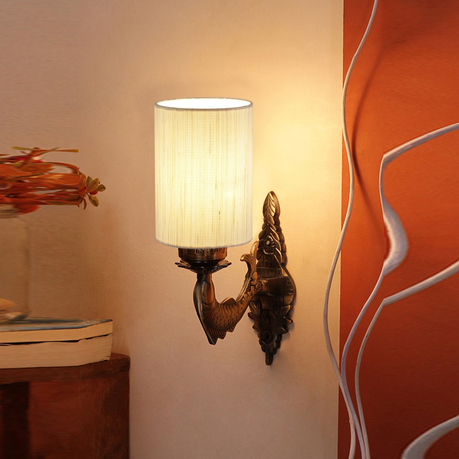 Devansh Metal Electric Wall Light in Antique Gold Colour with off-white Shade Count of 1 Light - Devansh