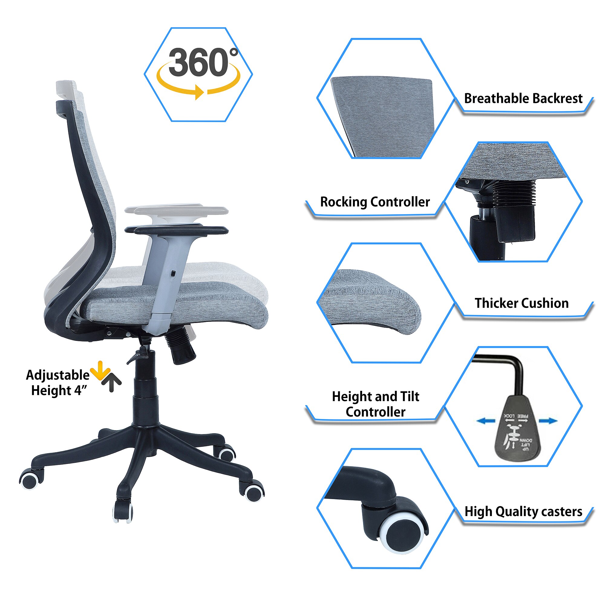 Rocknew York Mid Back Ergonomic Chair in Grey Colour