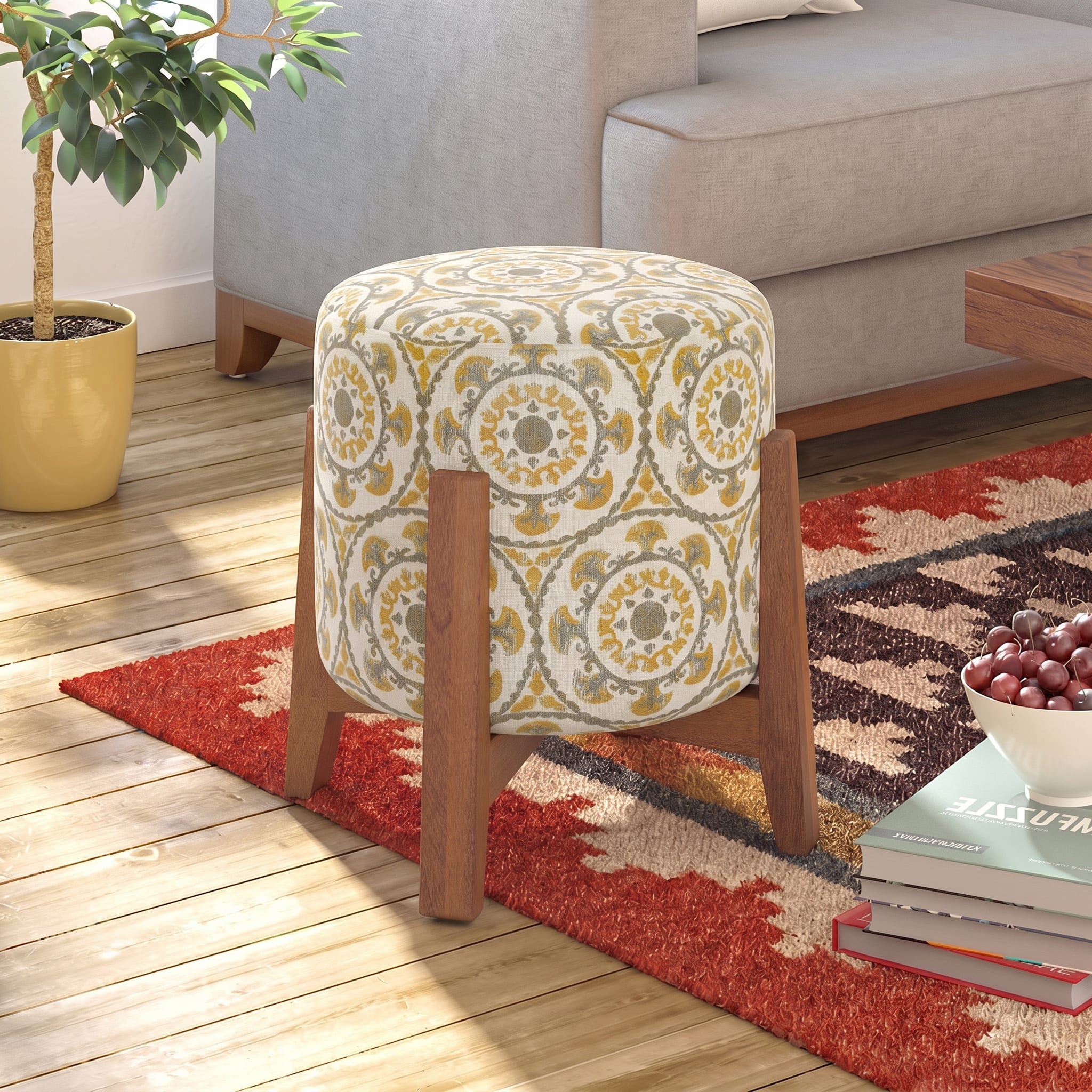 Nicole Stool In Amber Walnut Finish With Yellow Suzani Jacquard Colour
