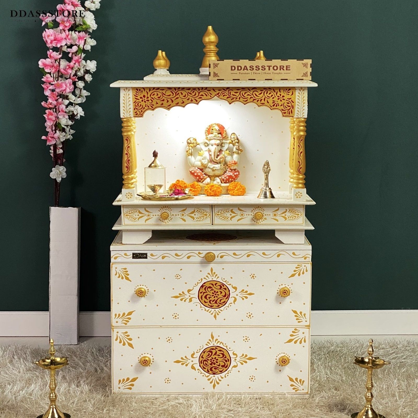 D'Dass Multi Color Mdf and Sheesham Wooden Temple With Cabinet For Pooja