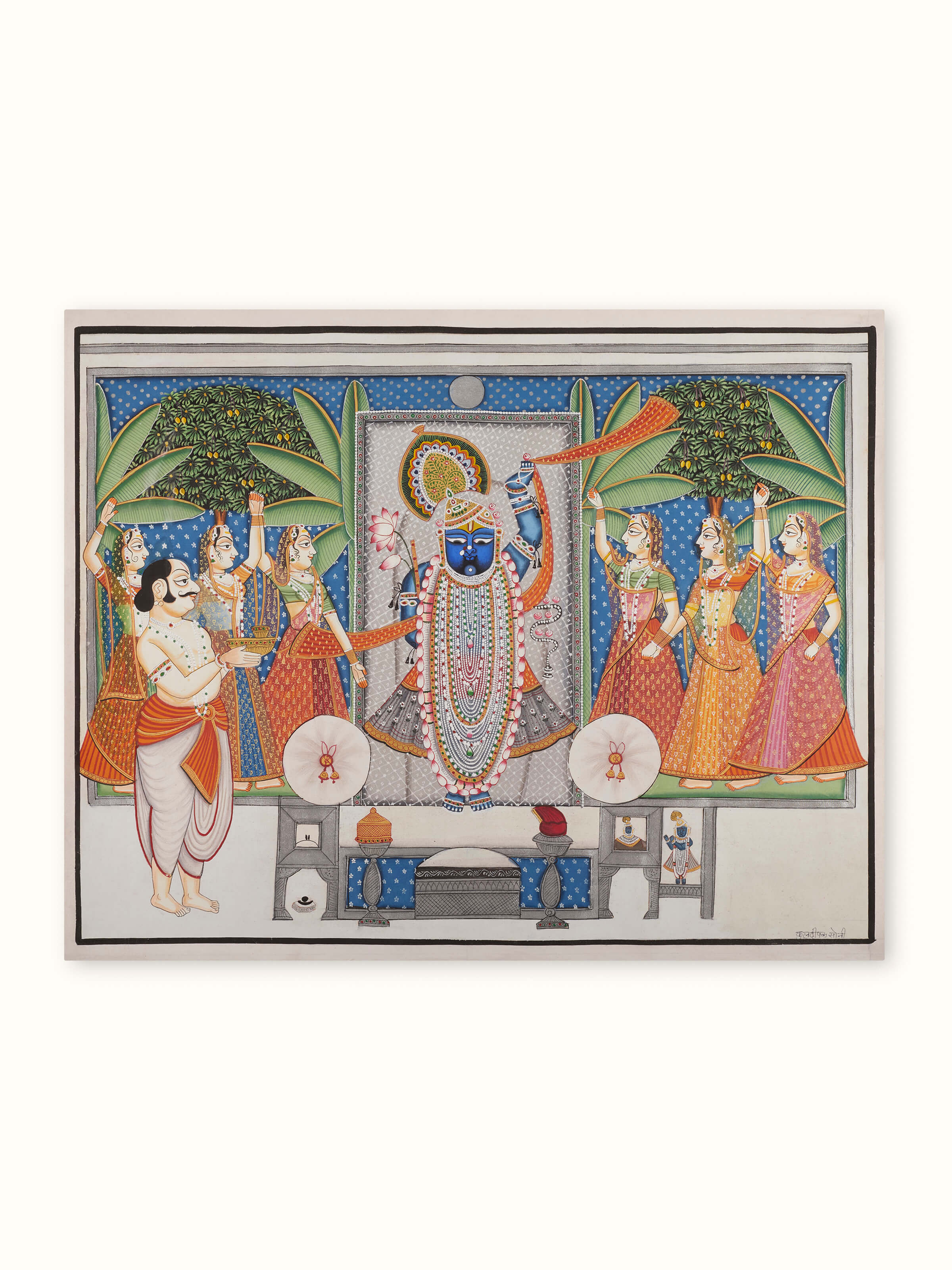 Front view of Pichwai Luminous Shreenathji Painting featuring glowing colors and divine imagery.