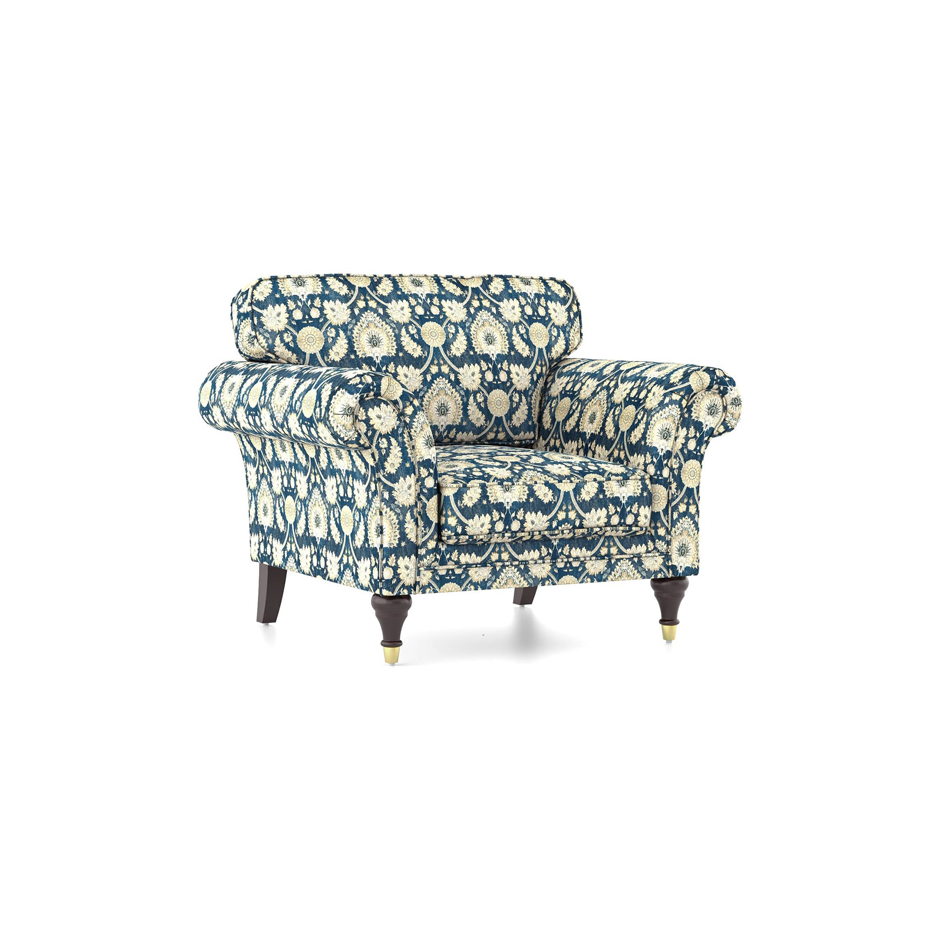 Amara 1 Seater Sofa In Blue Floral Damask Print