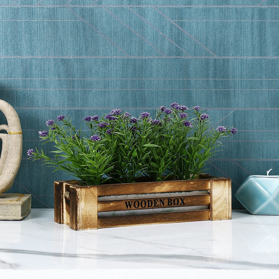 Artificial Purple Flowers In A Wooden Box