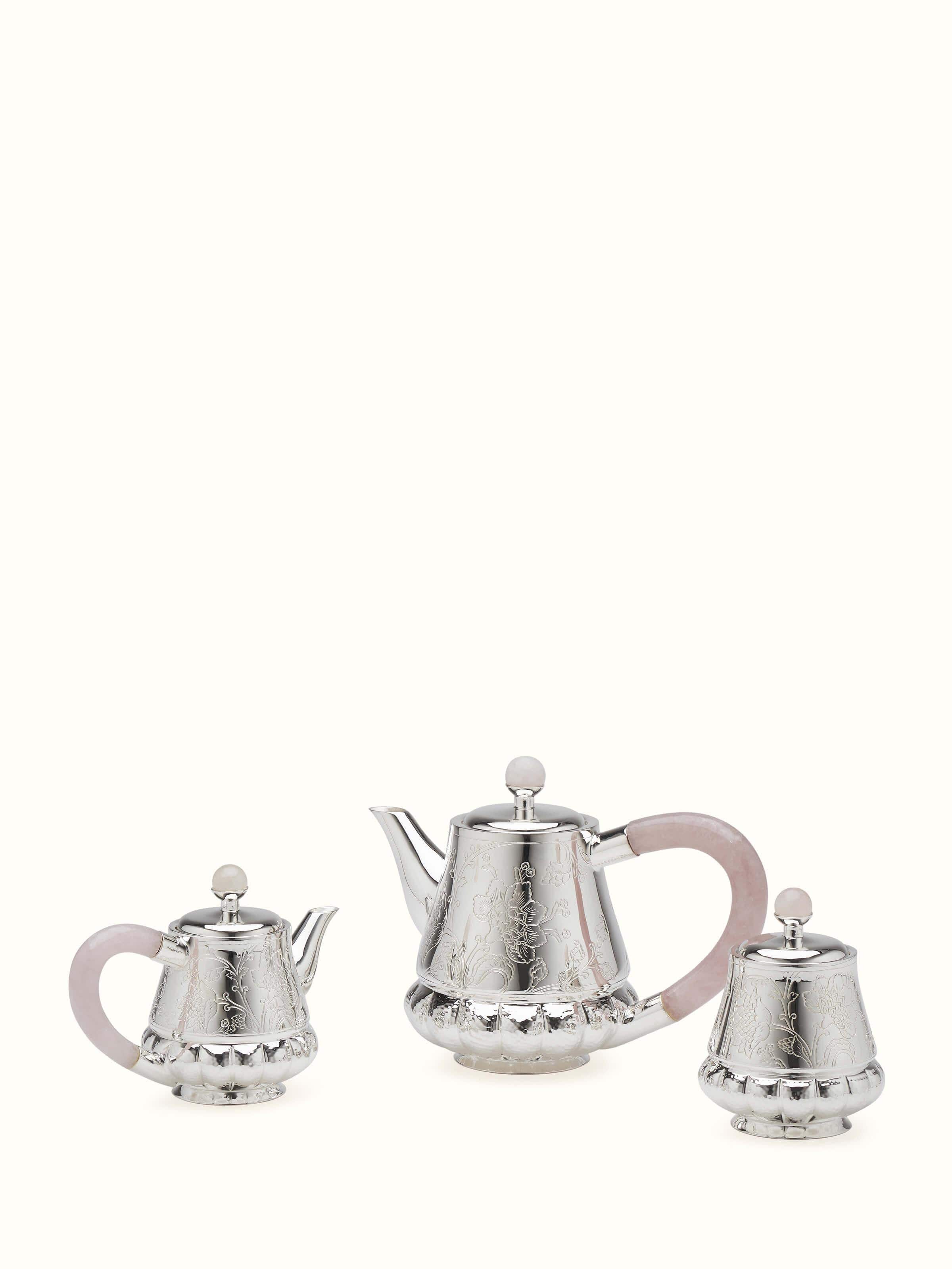 Front view of Kalamkari Silver Tea Set (3 Pcs) from Swadesh, featuring intricate Kalamkari artwork and fine silver detailing.