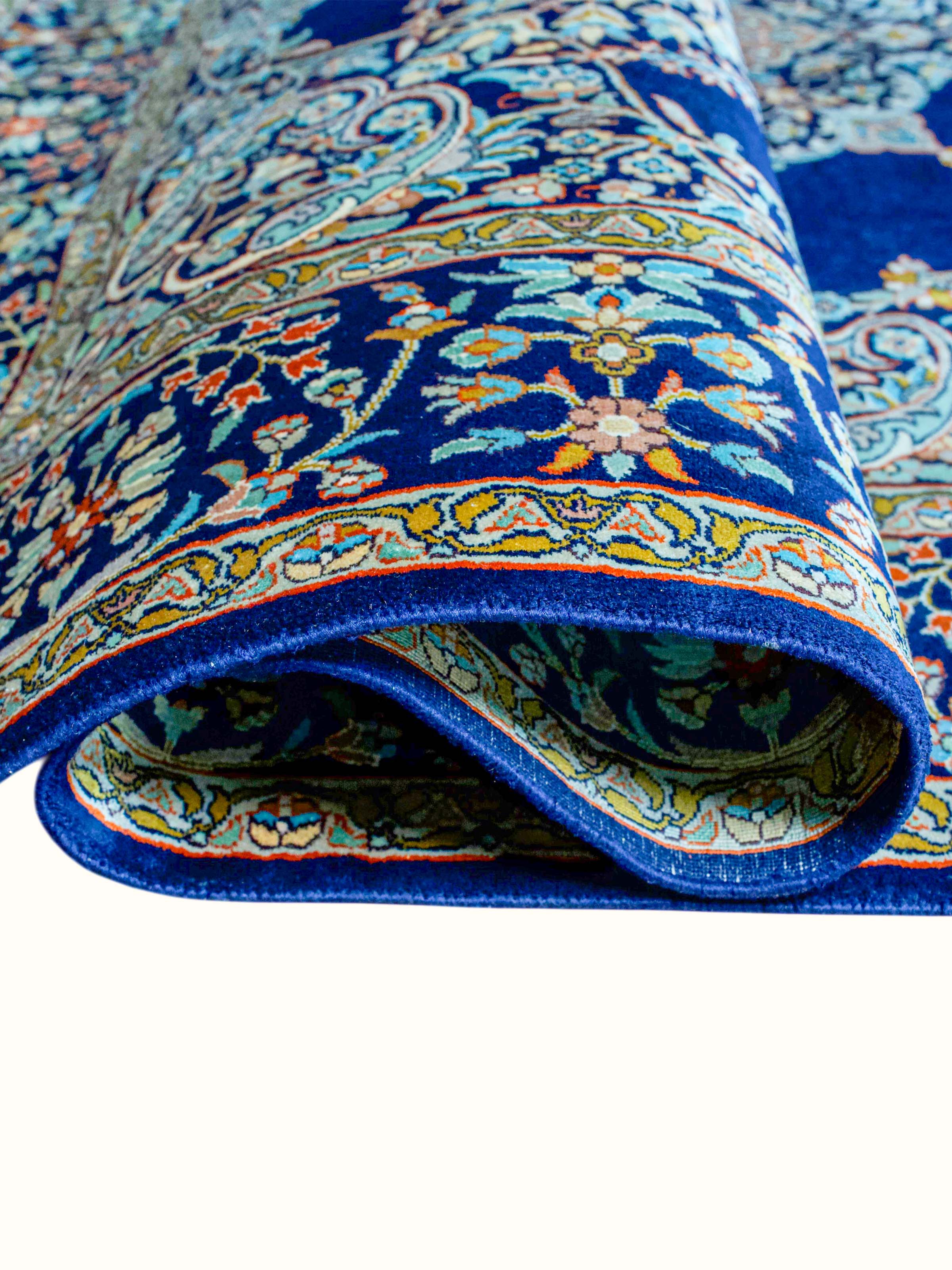 Traditional Persian Navy Mahal Kashmir Silk Hand-Knotted Carpet