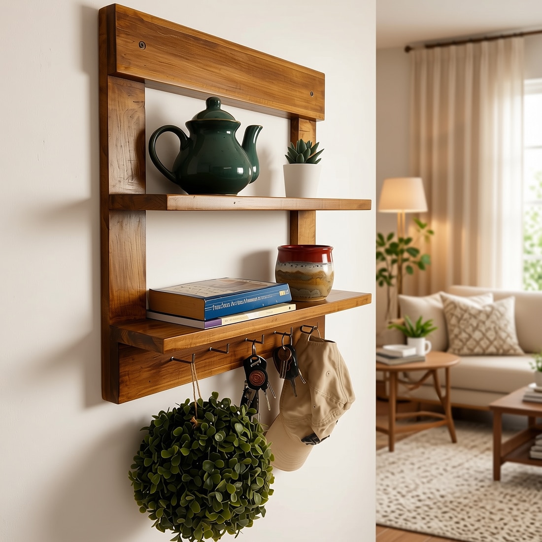 Verona Wooden Wall Shelf Organiser With Key Holders