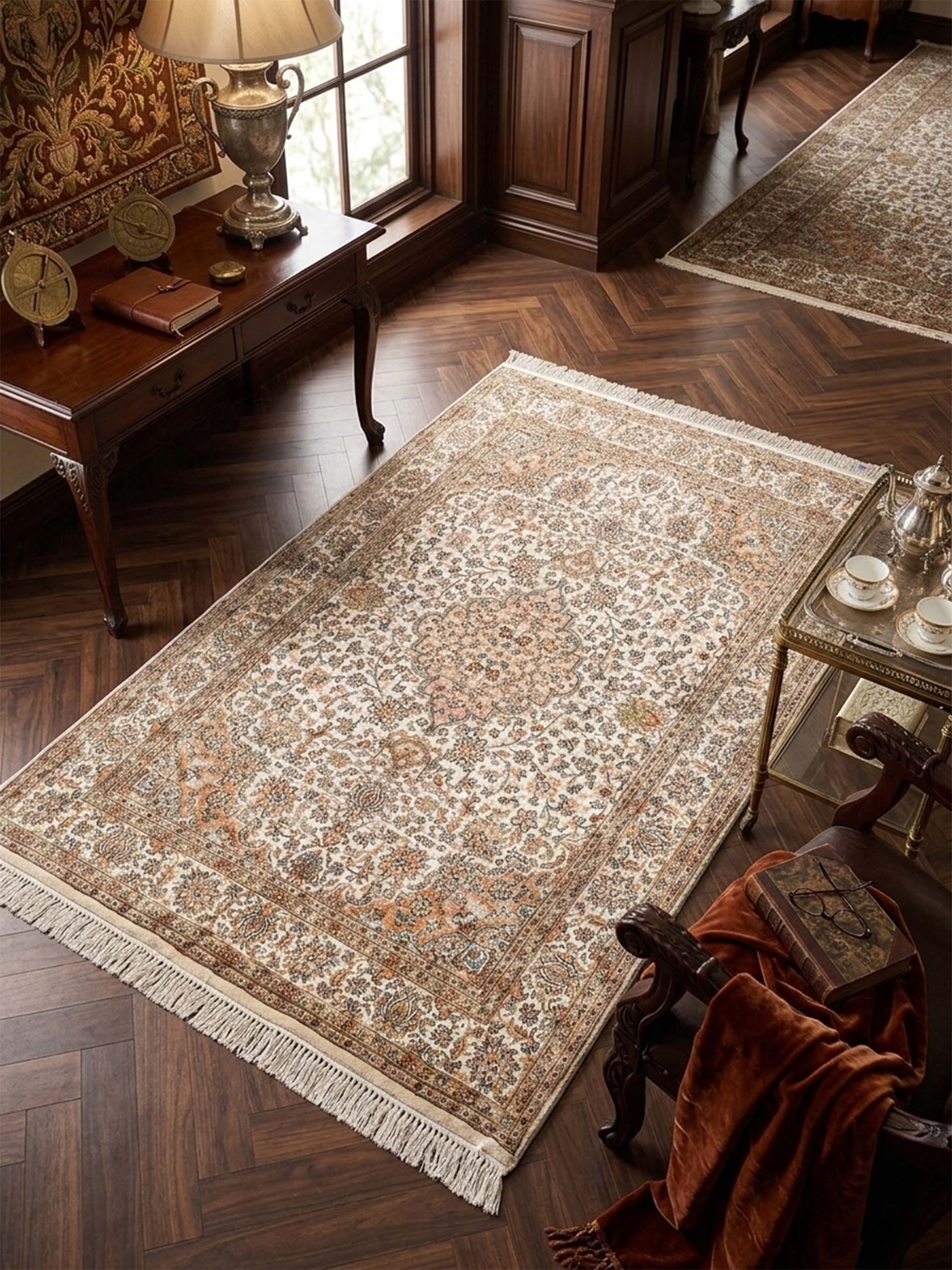Traditional Persian Ivory Lt. Pink Kashan Kashmir Silk Hand-Knotted Carpet