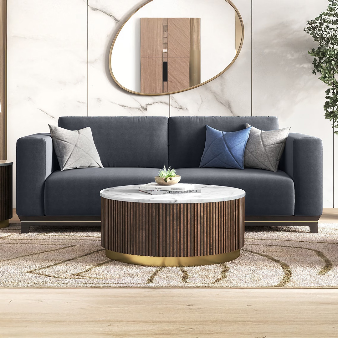 Aurora Round White Marble And Solid Wood Coffee Table In Java Walnut Finish