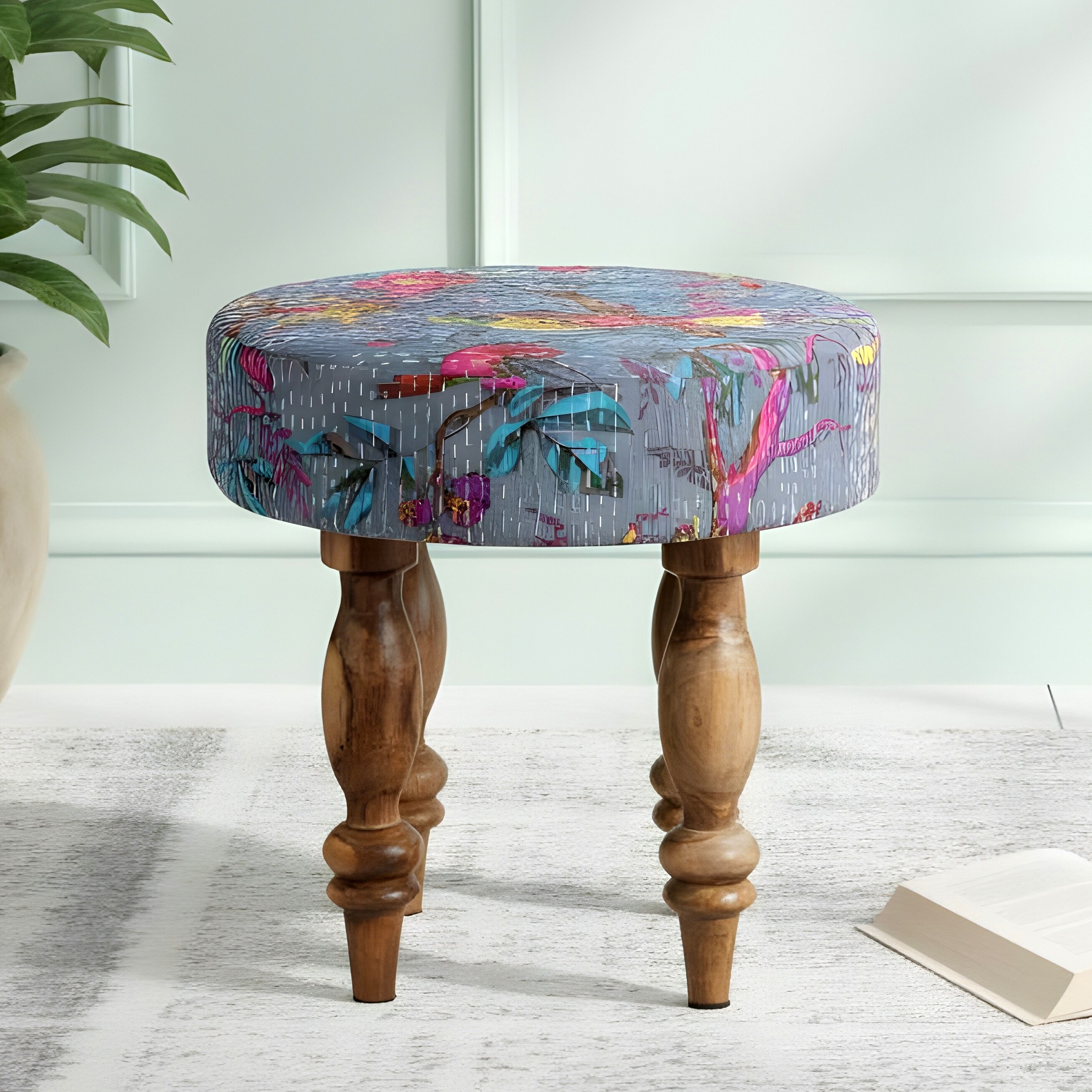 Roswell Sheesham Wood Mid Century Round Set of 2 Stools in Grey Brid Print Kantha Upholstery