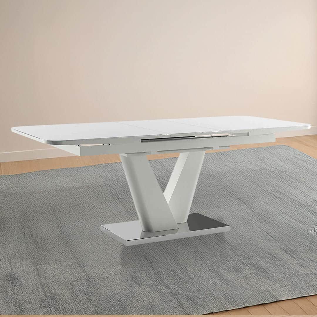 Caribu Glass 6 To 8 Seater Extendable Dining Table In White High Gloss Finish