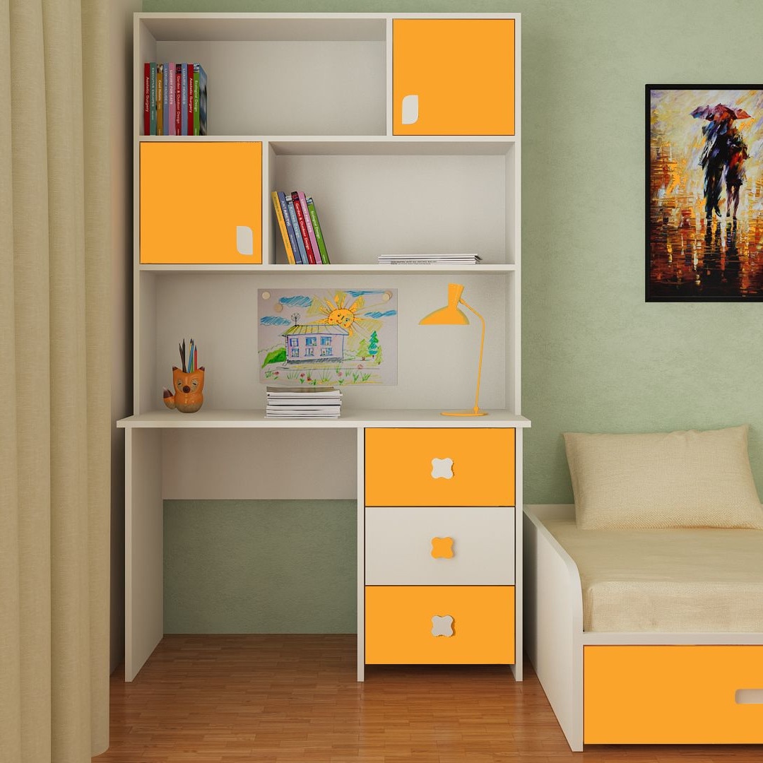 Flora Kids Study Desk cum Bookshelf with Shuttered Cabinets Open Shelves and Drawers in Ivory Mango Yellow Colour