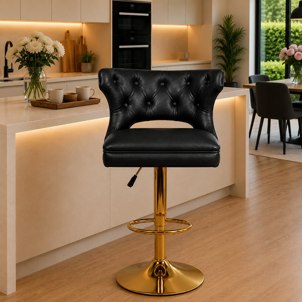 Doe Buck Verona Faux Leather Adjustable Bar Stool in Black Colour with Gold Base - Doe Buck