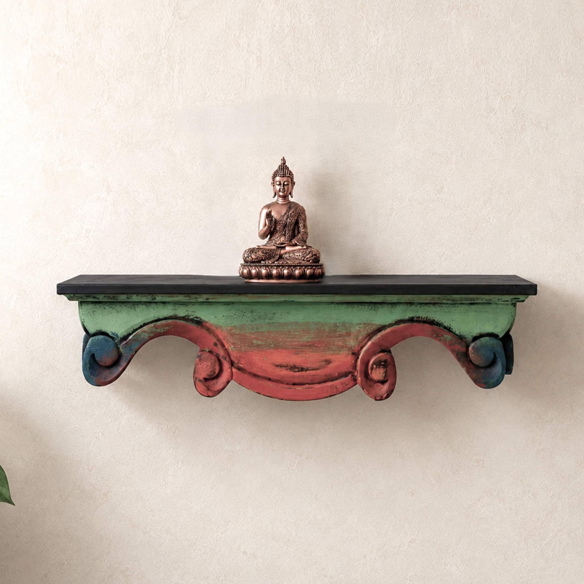 Multishade Colour Solid Wood Handcarved Navaranga Floating Wall Shelf with distres finish by DisooFashions - Disoo Fashions