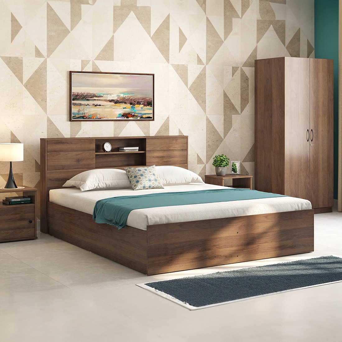 Amy Engineered Wood Queen Size Box Storage Bed In Classic Walnut Finish