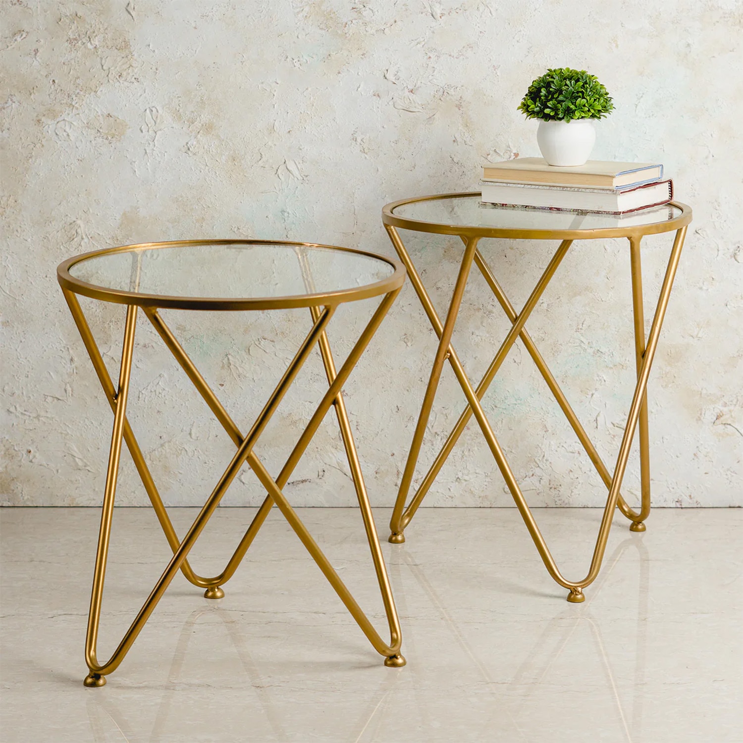 Contemporary Metallic Cross End Table in Gold Color Set of 2 - Nestroots