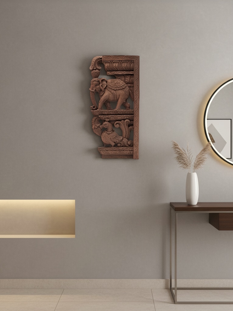 Front view of Bapatla Carved Neem Wood Elephant Brackets Sculpture (2Pcs)