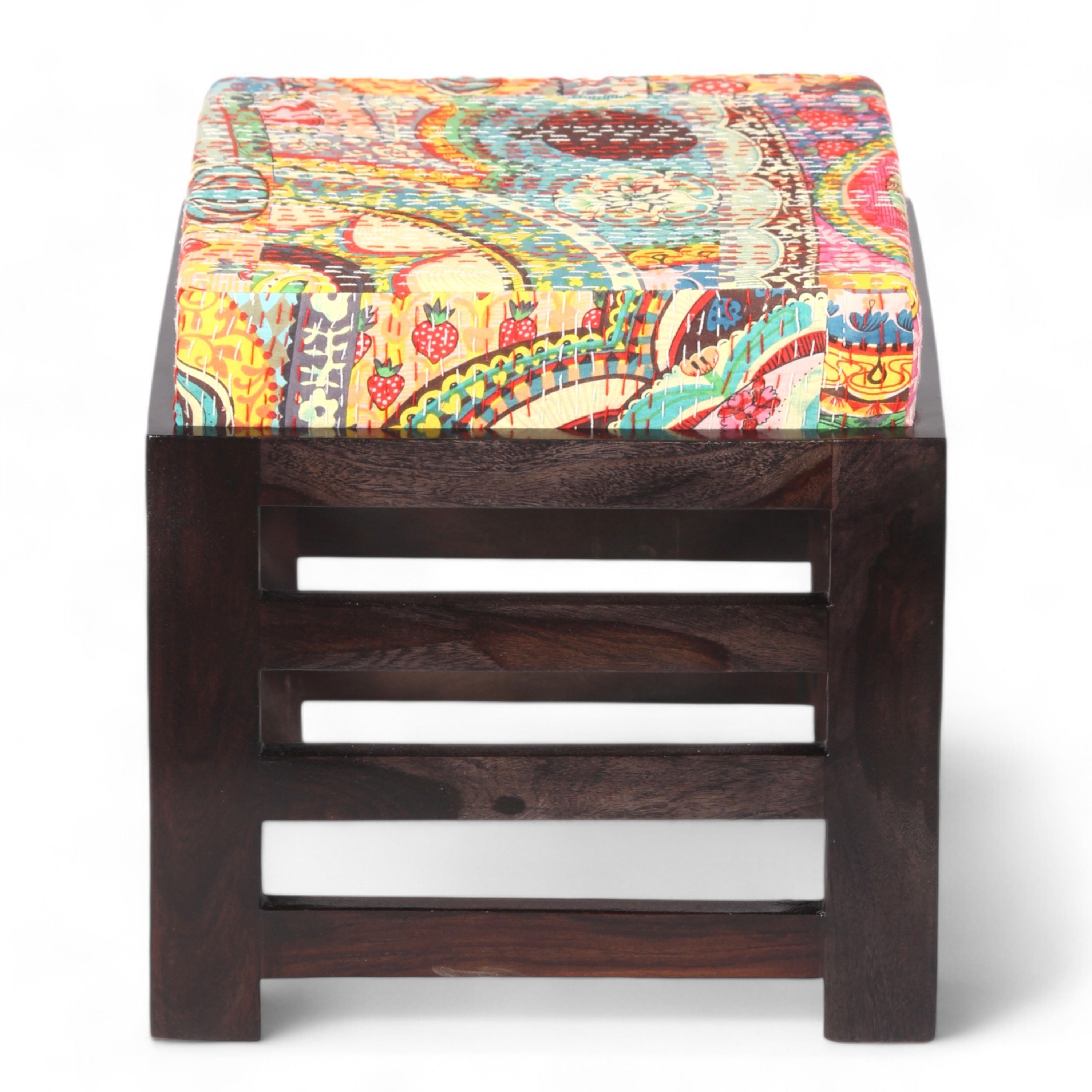 Houston Sheesham Wood Stool in Mahogany Finish & Multi Colour Israel Print Kantha fabric Cushion
