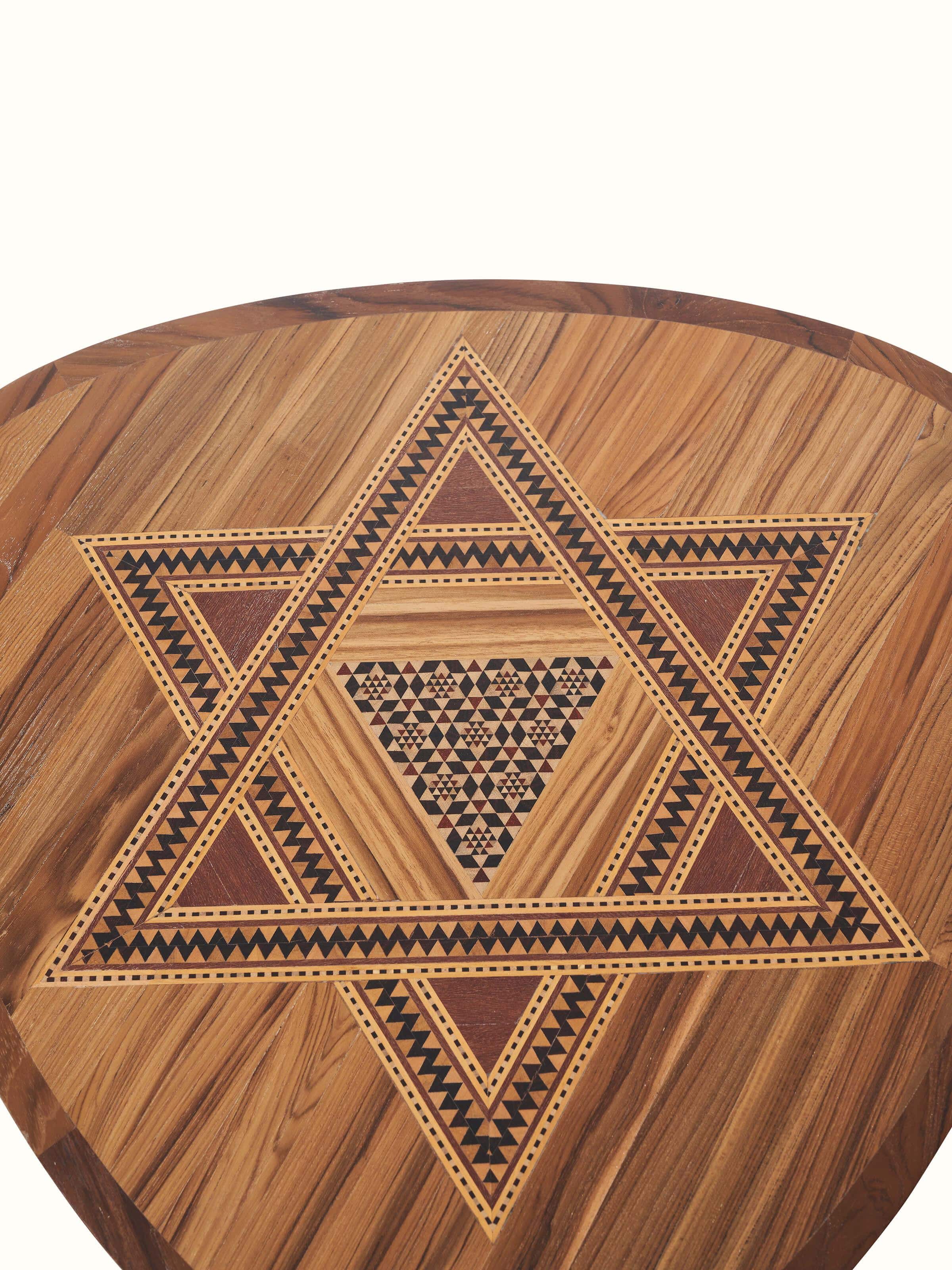 Top view of the teak wood marquetry end & side table, showing the intricate marquetry work on the surface.