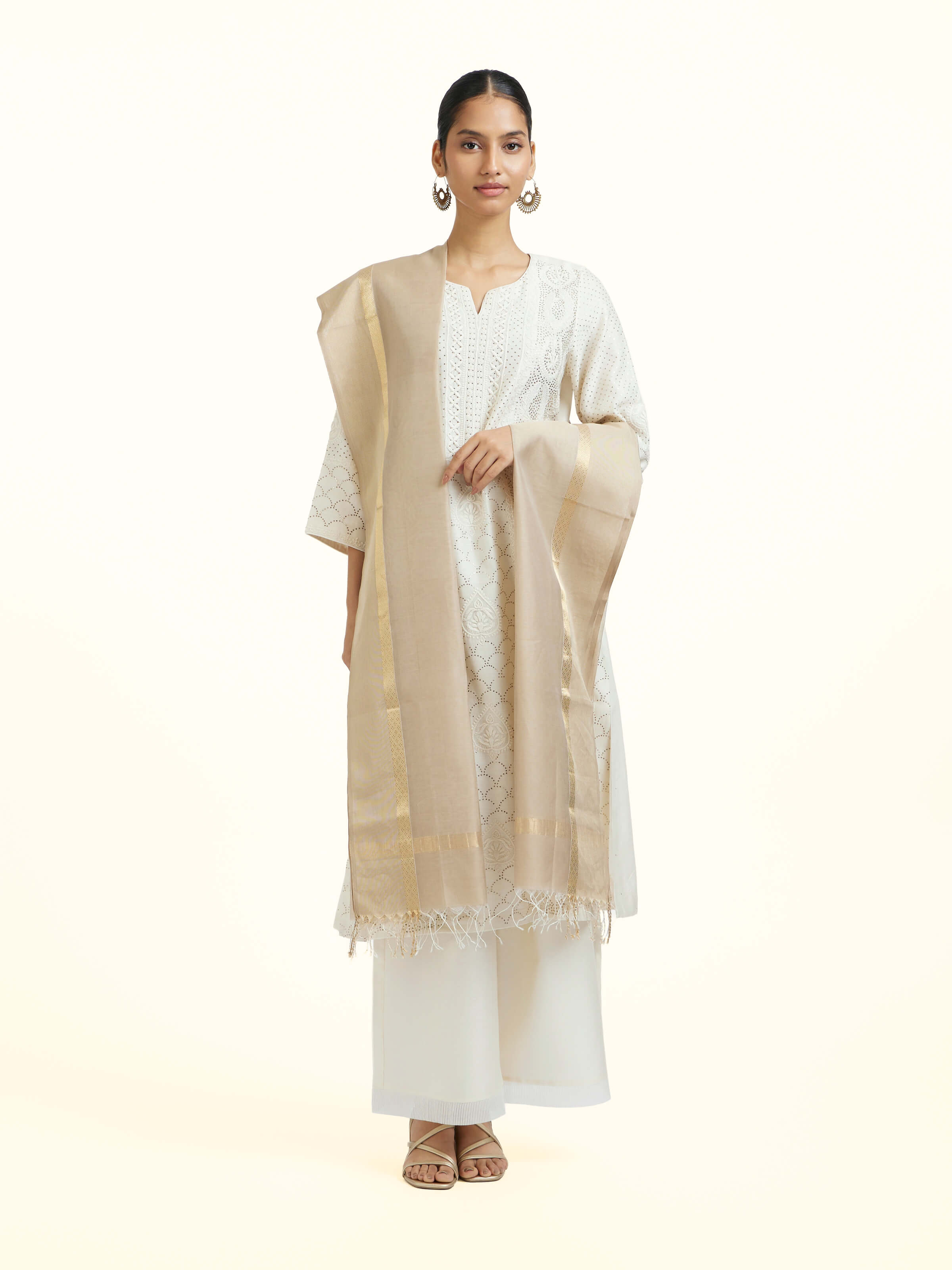 Beige Cotton Silk Maheshwari Zari Border Dupatta