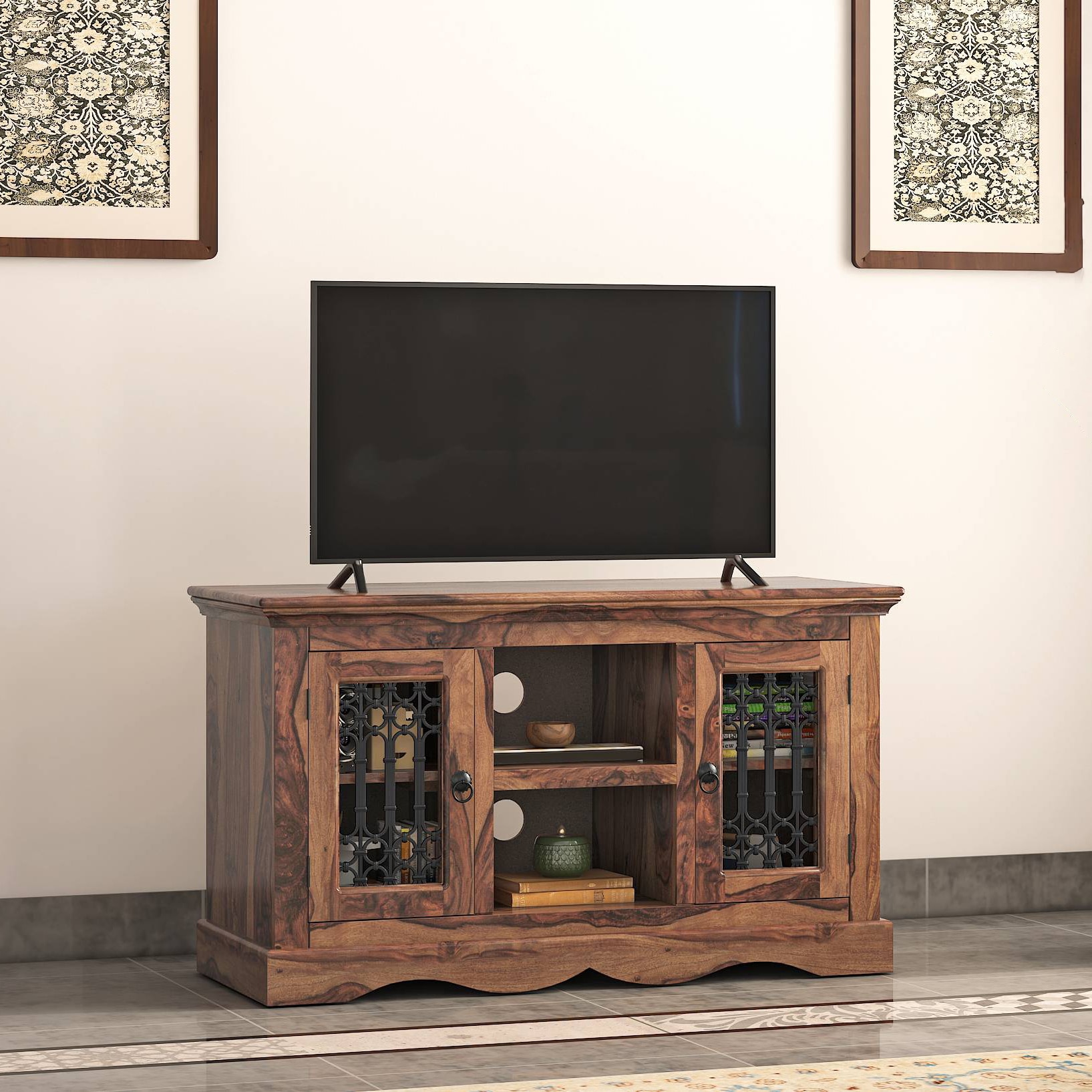 Bunai Solid Wood Free Standing TV Unit In Teak Finish