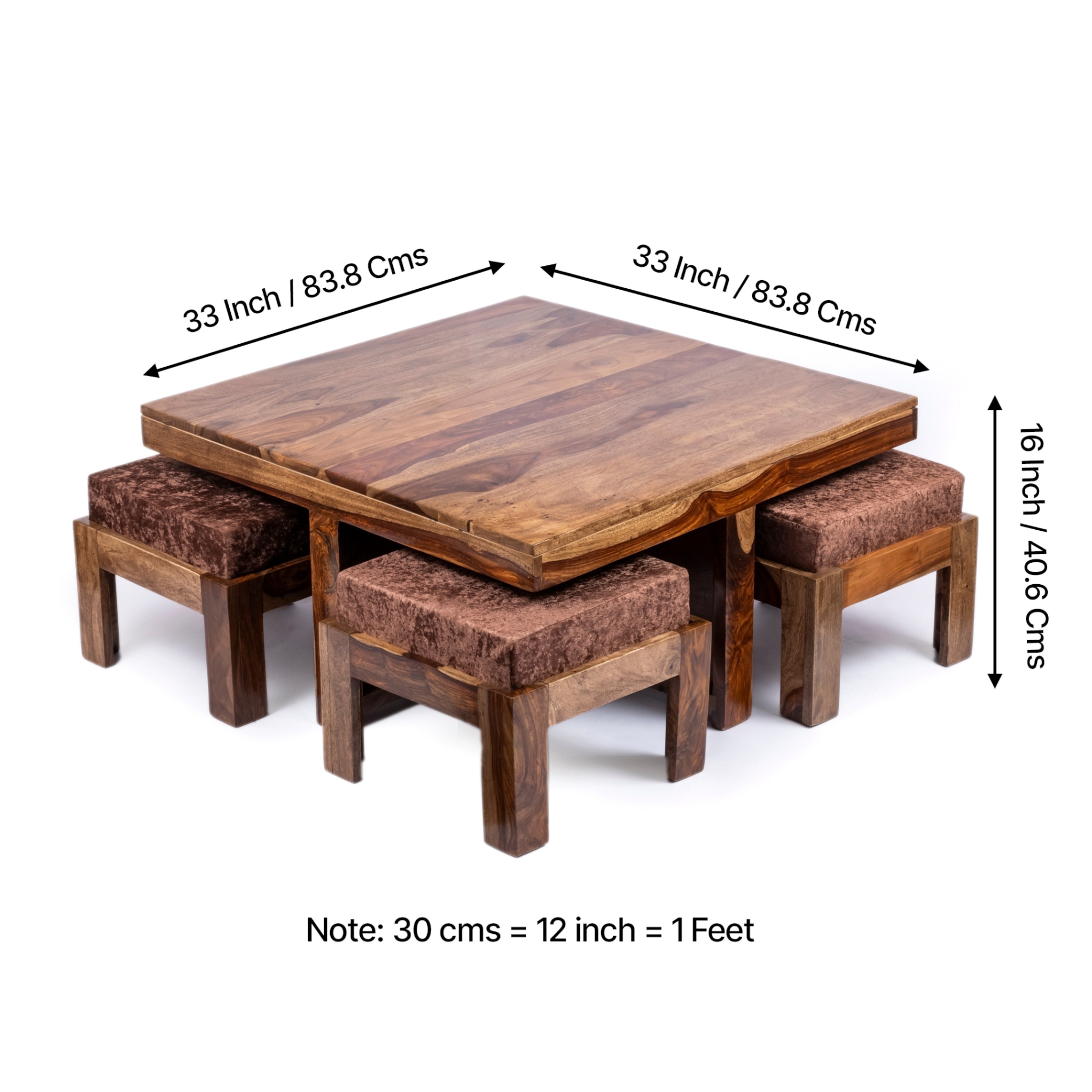 Blane Sheesham Wood 4 Seater Coffee Table Set In Teak Finish Brown Sparkle Velvet Cushion
