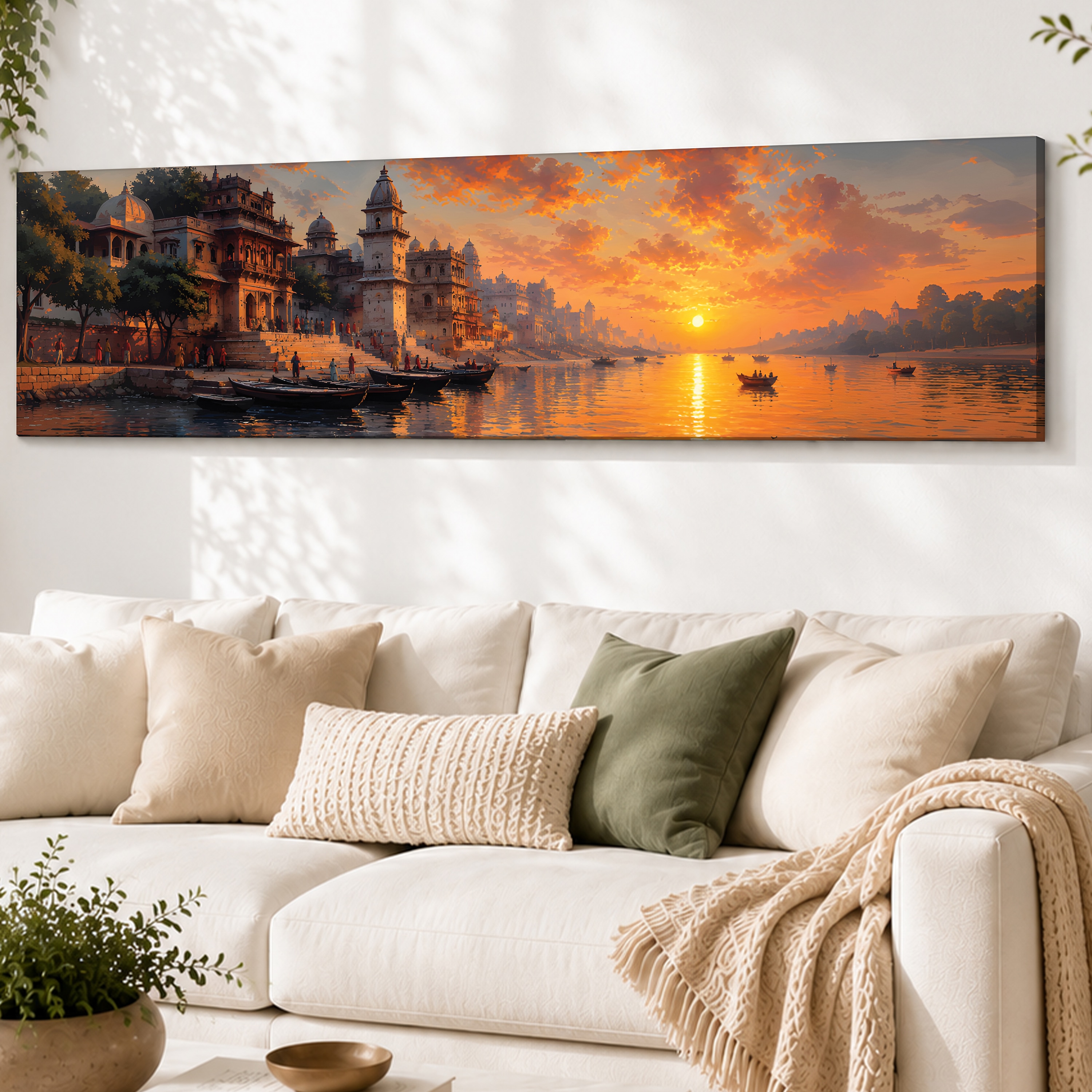 Varanasi Ghats Sunset Canvas Wall Art 12 x 46 Inch - Art Street
