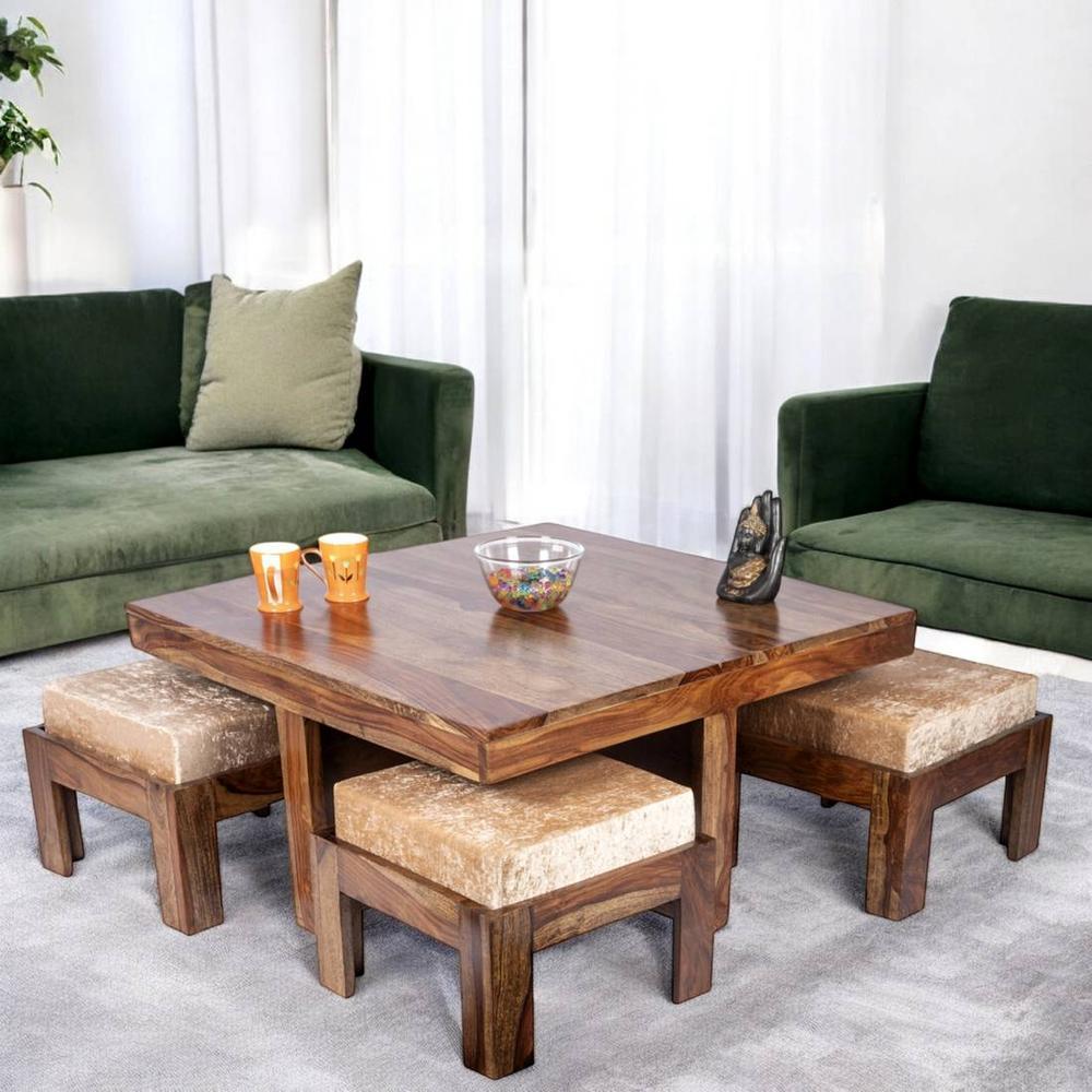 Blane Sheesham Wood 4 Seater Coffee Table Set In Teak Finish