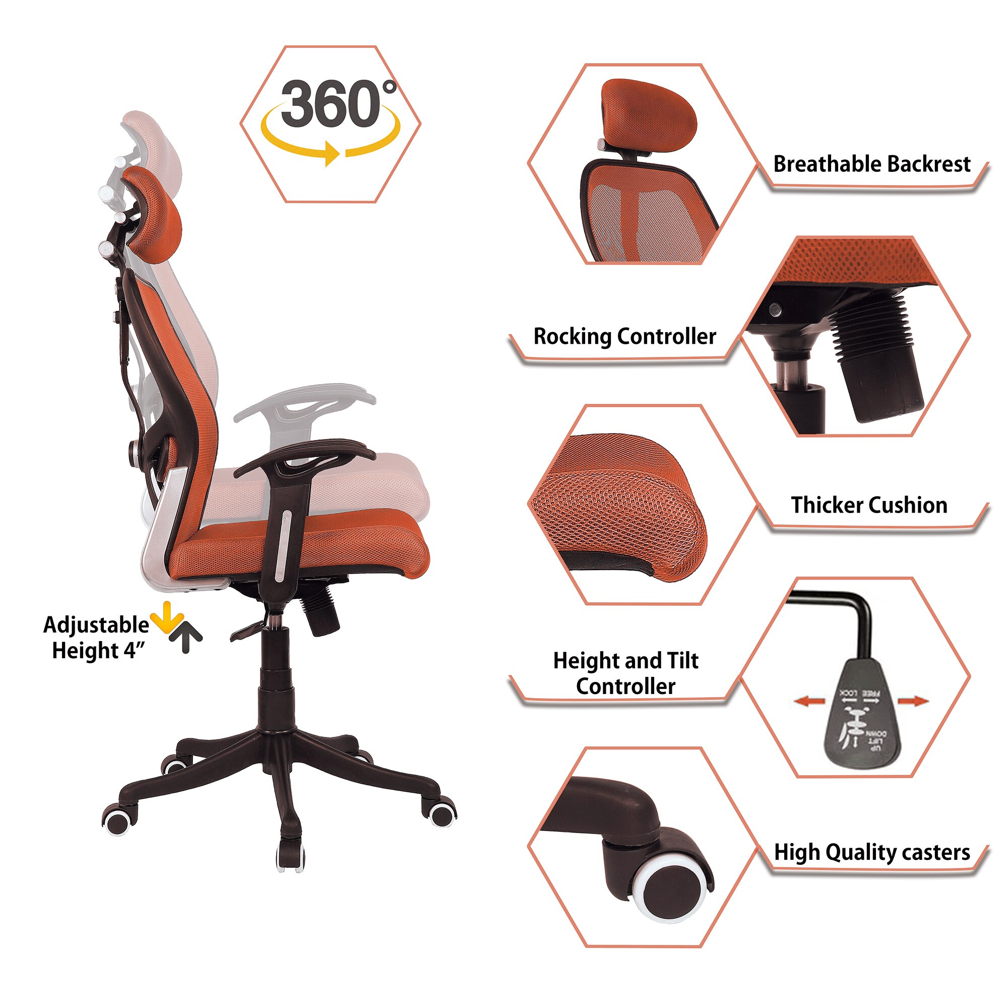 Reaii Mid Back Ergonomic Chair in Orange Colour