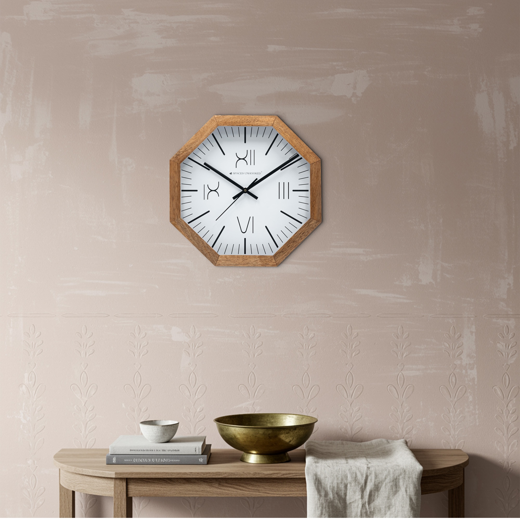 Modern Octagonal Wooden Wall Clock with Sharp Linear Indices - Spaces Unhoooked