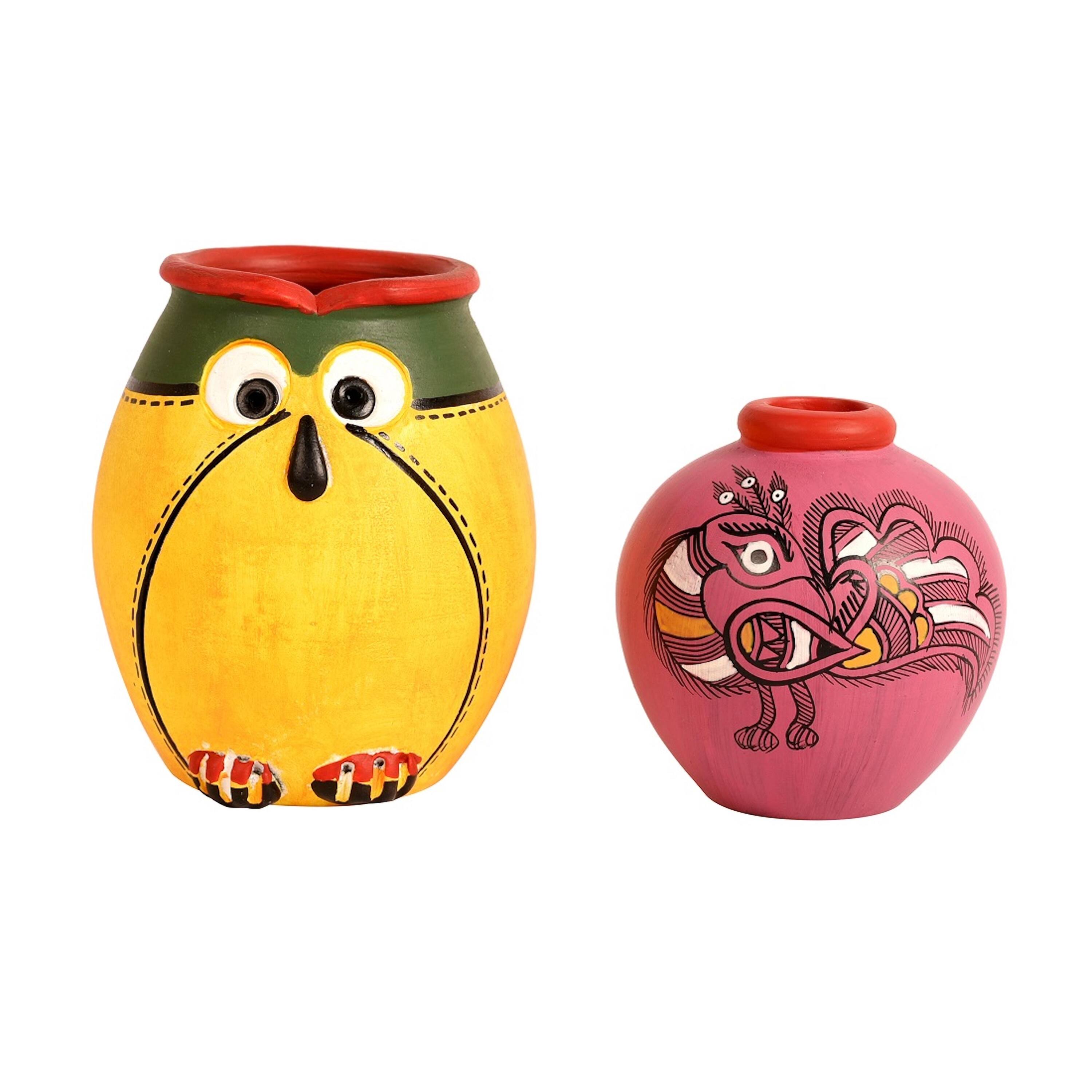 Wall Decor 2 Wooden Shelf & 2 Colored Pots Madhubani Design (5.5x2.5x8.5)