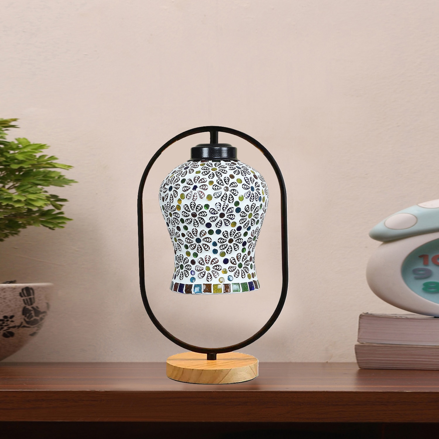 Devansh Multicolor Glass Wooden & Iron  Table Lamp -17 Inch Height  -Apl4 - Devansh