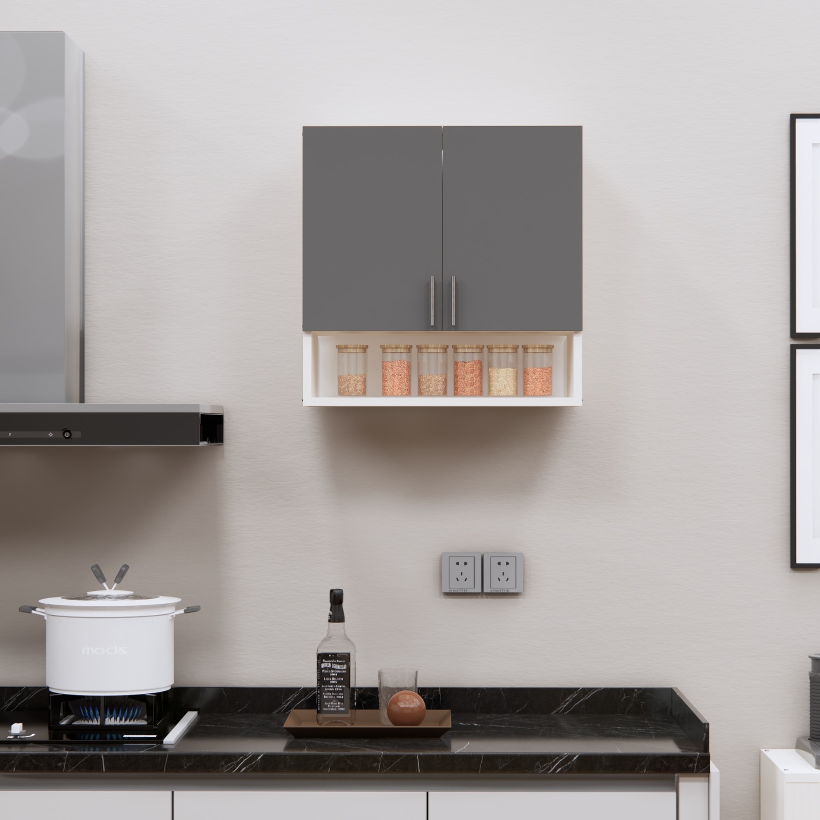 2 Doors Modular Wall Mounted Kitchen Cabinet With Organizer Shelf In Slate Grey Finish - Speciality Panels